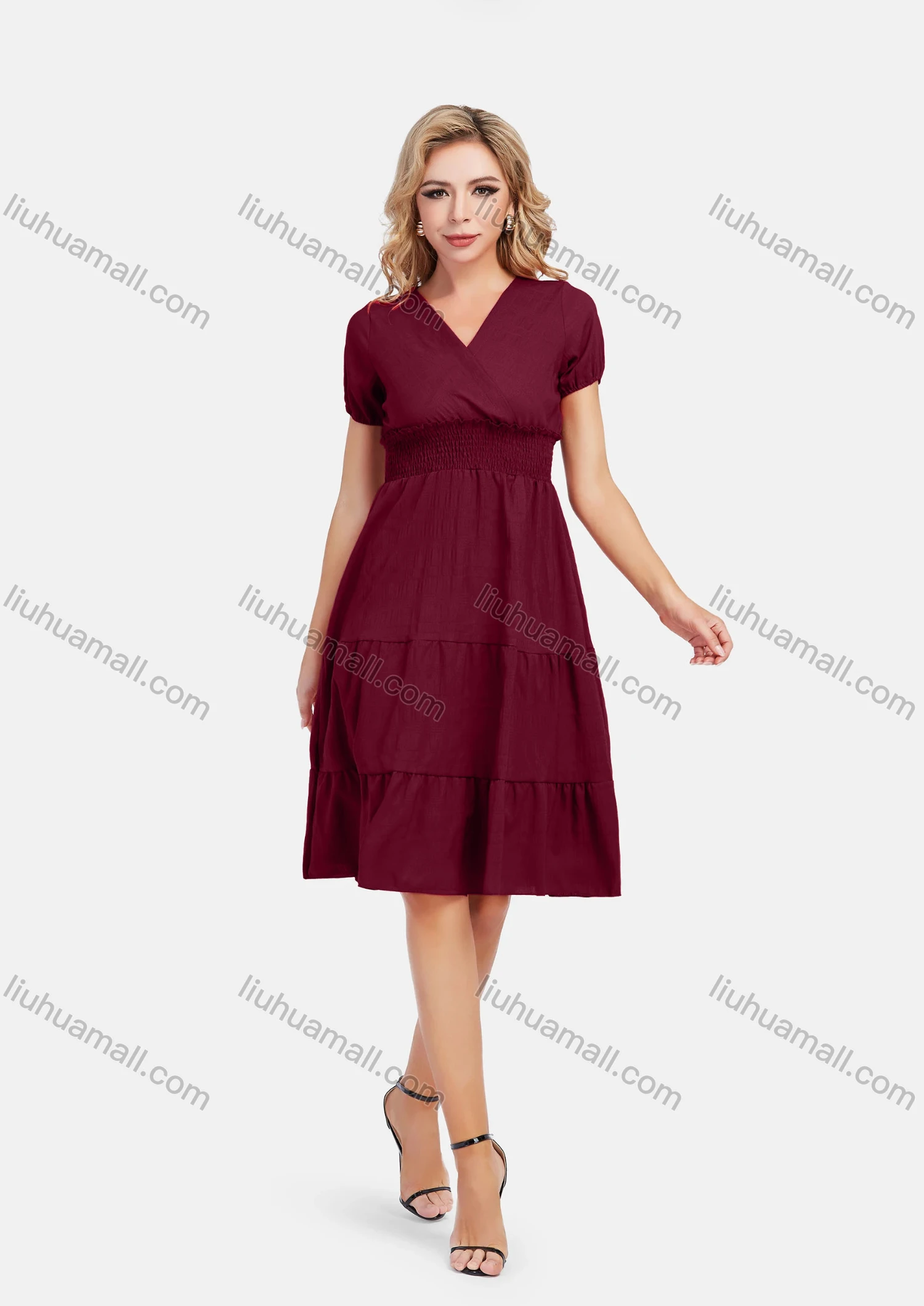 Wholesale Women's Casual Wrap V Neck Short Sleeve Elastic Waist Shirred Plain Smock Dress - Liuhuamall