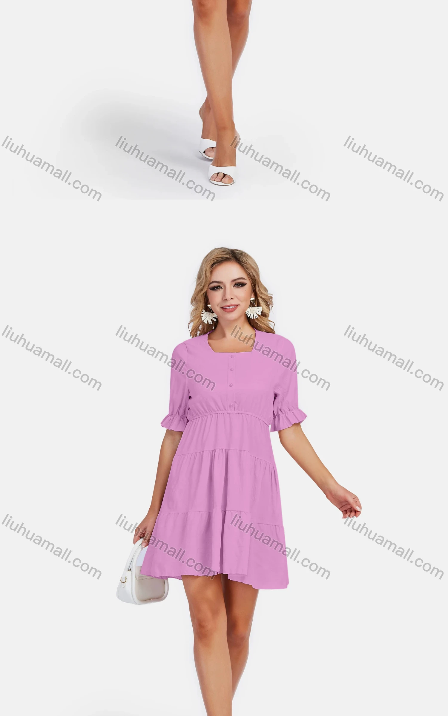 Wholesale Women's Casual Square Neck Ruffle Hem Button Front Plain High Waist Short Dress - Liuhuamall