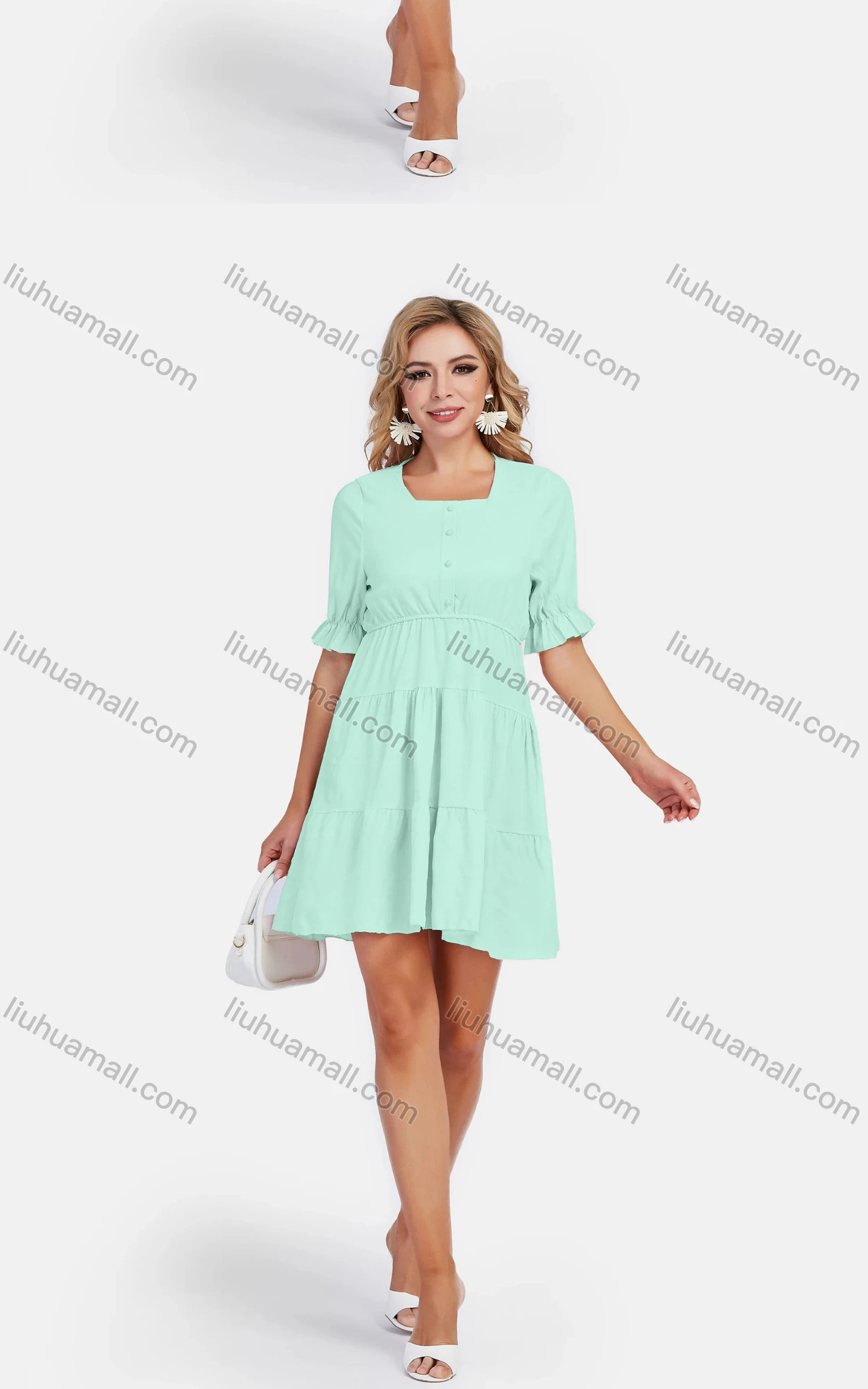 Wholesale Women's Casual Square Neck Ruffle Hem Button Front Plain High Waist Short Dress - Liuhuamall