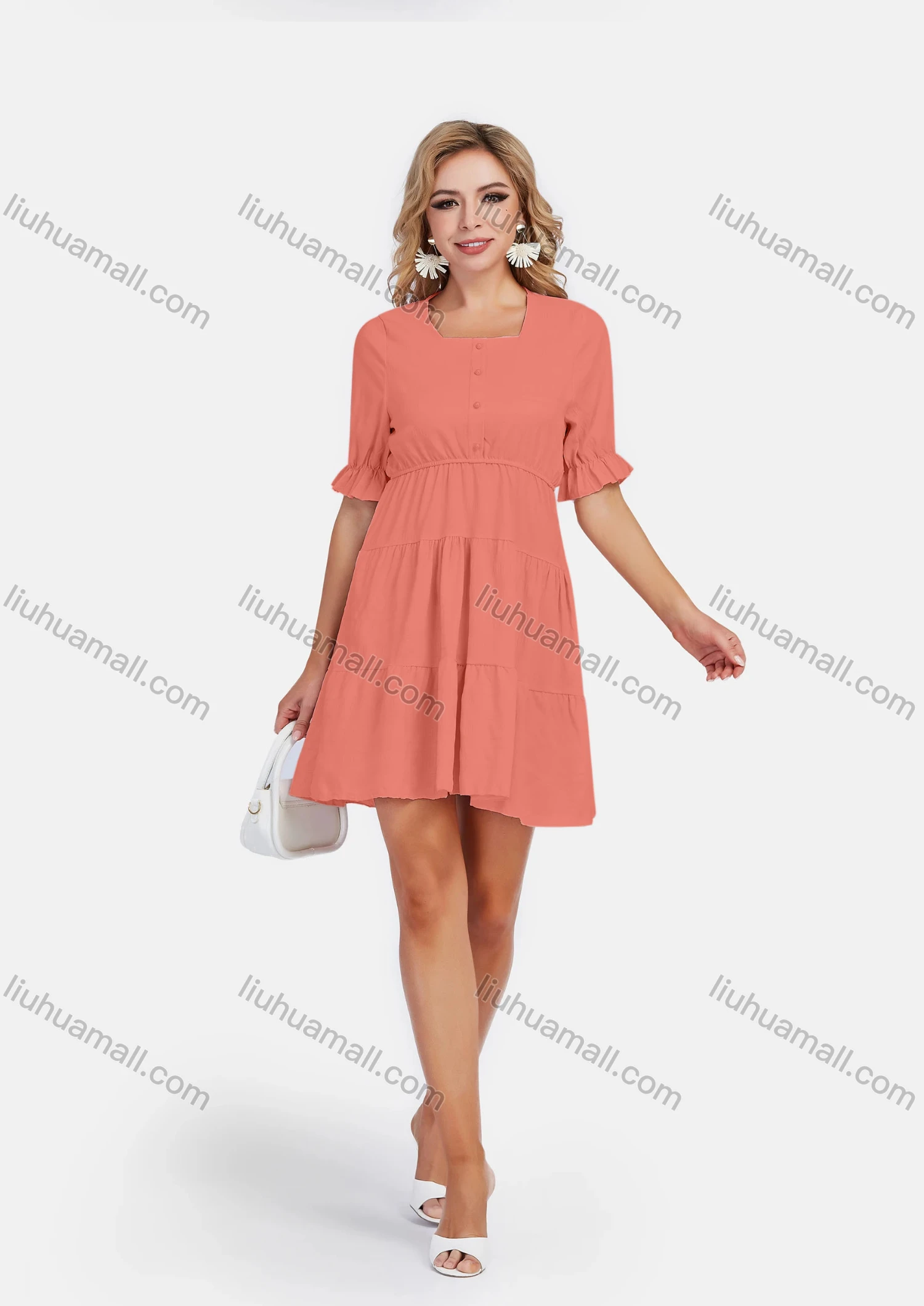 Wholesale Women's Casual Square Neck Ruffle Hem Button Front Plain High Waist Short Dress - Liuhuamall