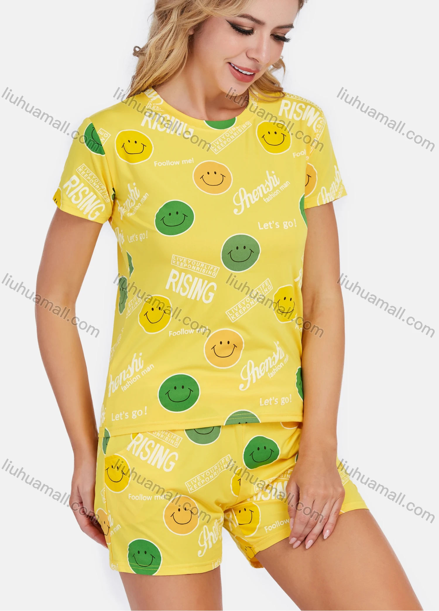 Wholesale Women's Short Sleeve Smiley Letter Print Lounge 2 Piece Set - Liuhuamall
