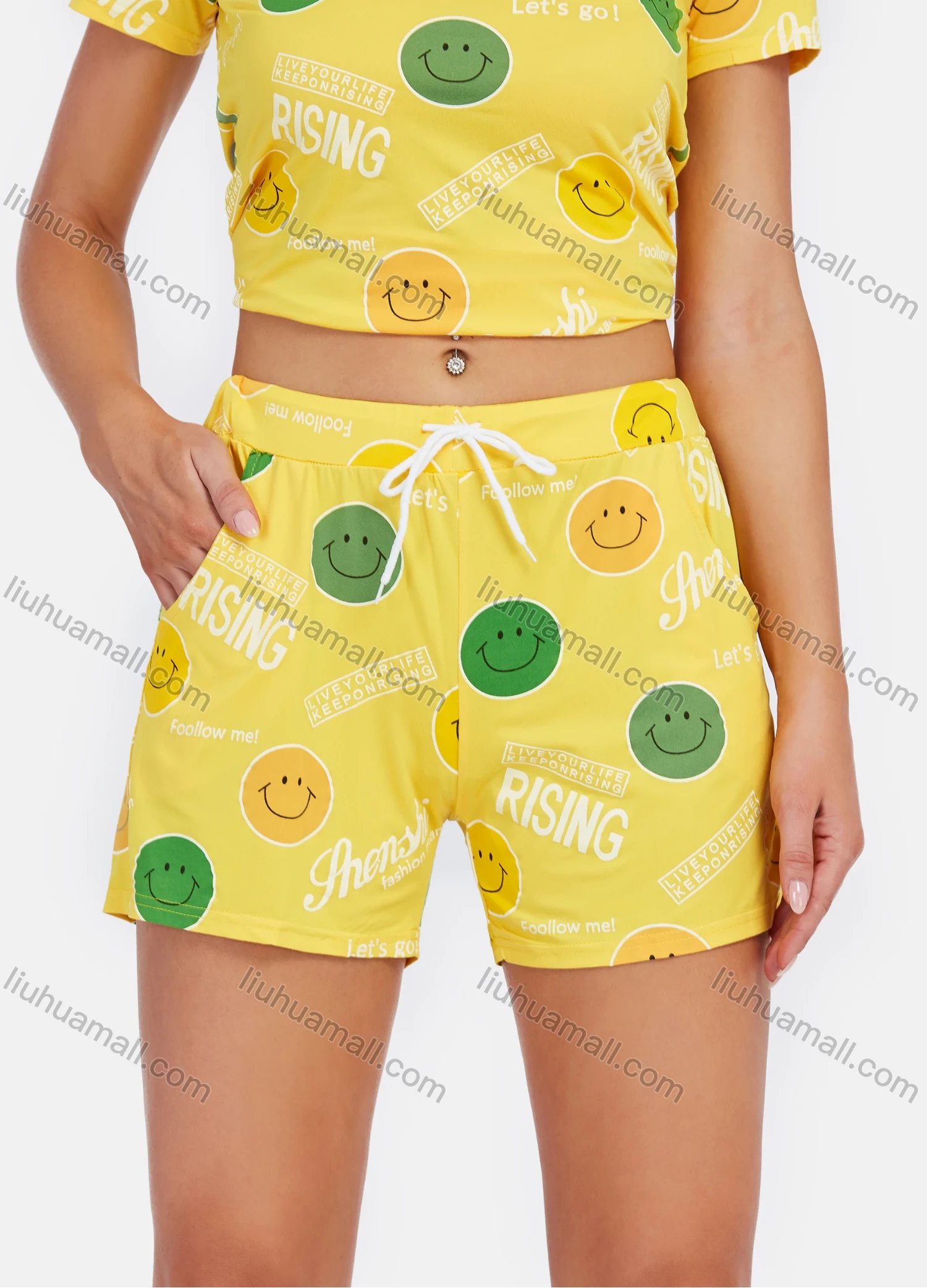 Wholesale Women's Short Sleeve Smiley Letter Print Lounge 2 Piece Set - Liuhuamall