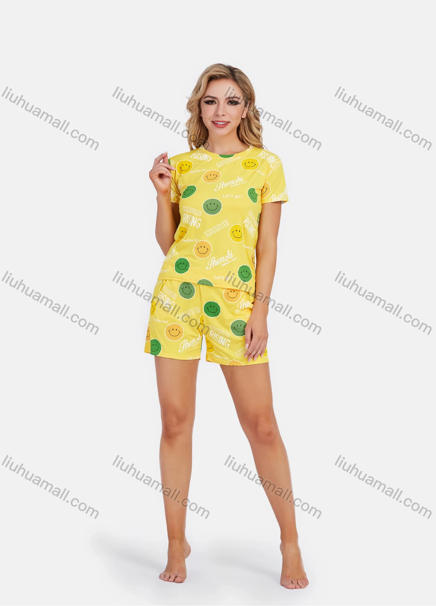 Wholesale Women's Short Sleeve Smiley Letter Print Lounge 2 Piece Set - Liuhuamall