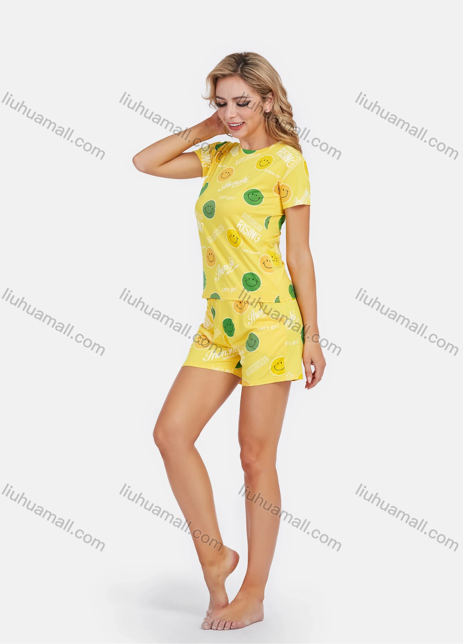 Wholesale Women's Short Sleeve Smiley Letter Print Lounge 2 Piece Set - Liuhuamall