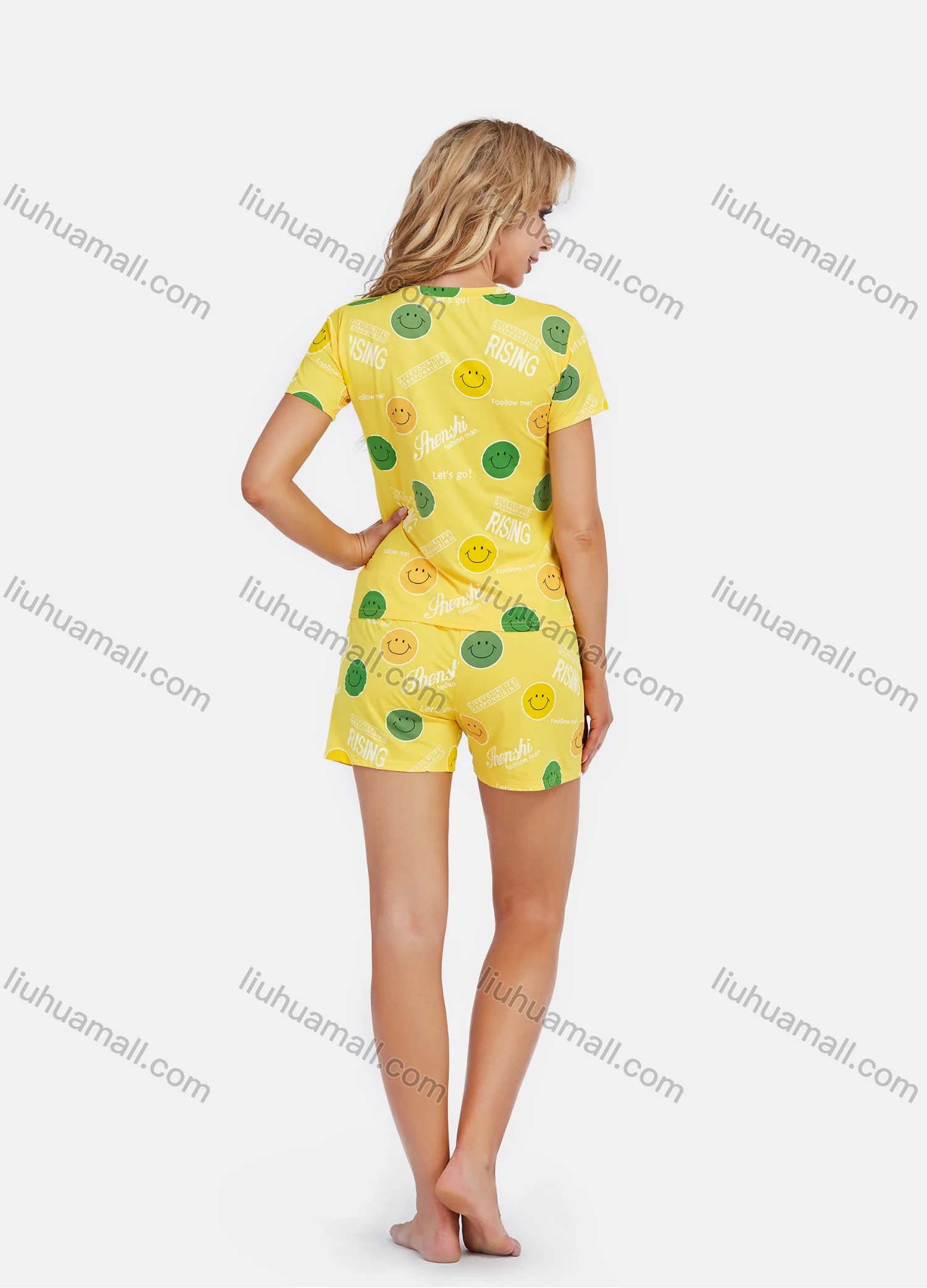 Wholesale Women's Short Sleeve Smiley Letter Print Lounge 2 Piece Set - Liuhuamall