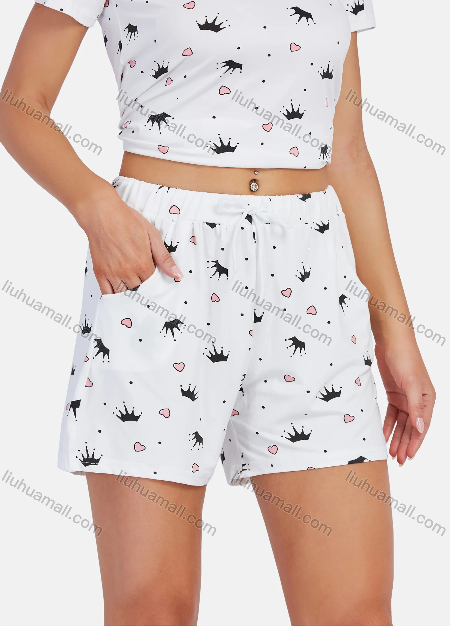 Wholesale Women's Short Sleeve Cute Heart Print T Shirt Lounge 2 Piece Set - Liuhuamall