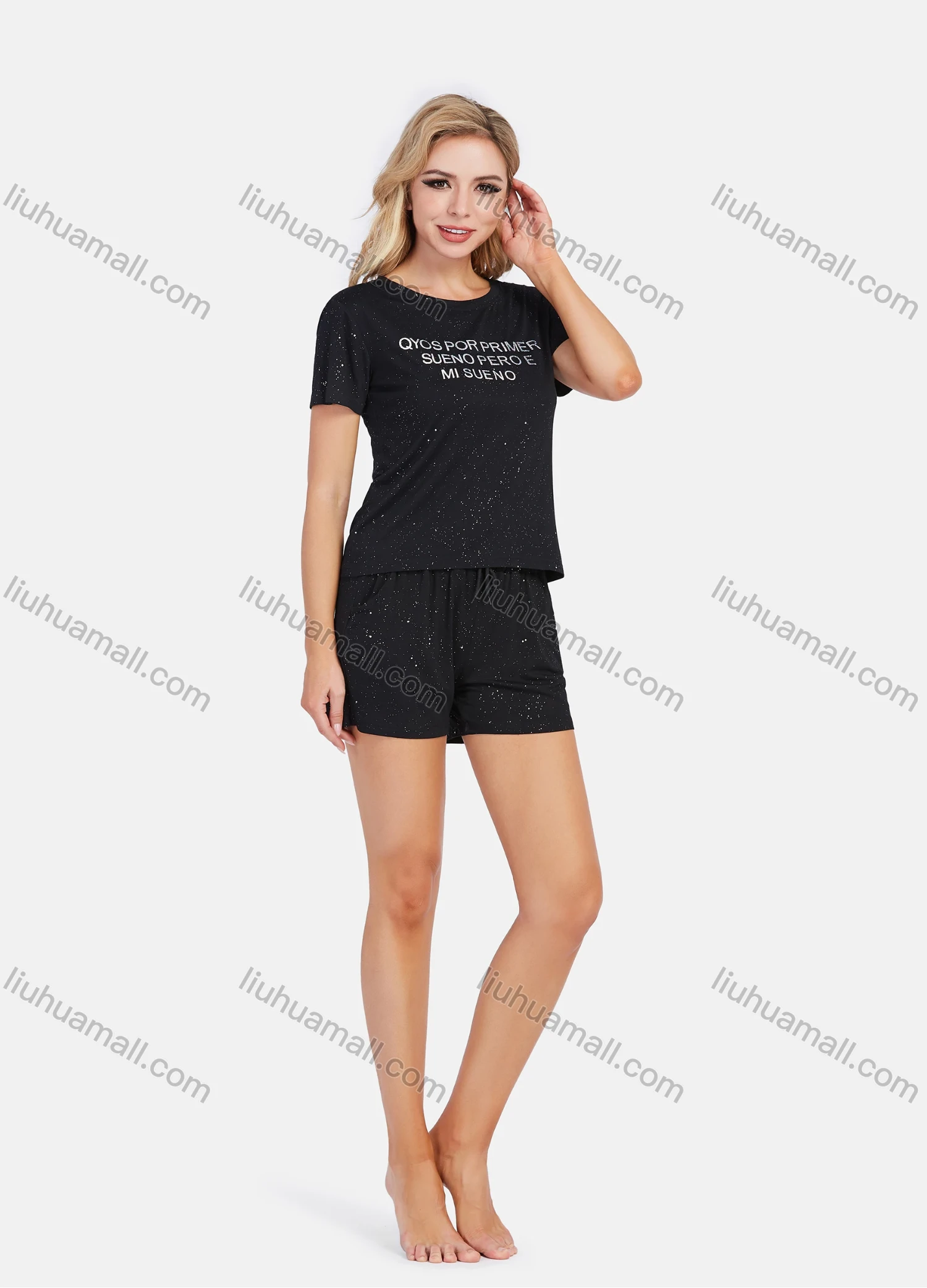 Wholesale Women's Starry Sky Letter Print T Shirt Lounge 2 Piece Set - Liuhuamall