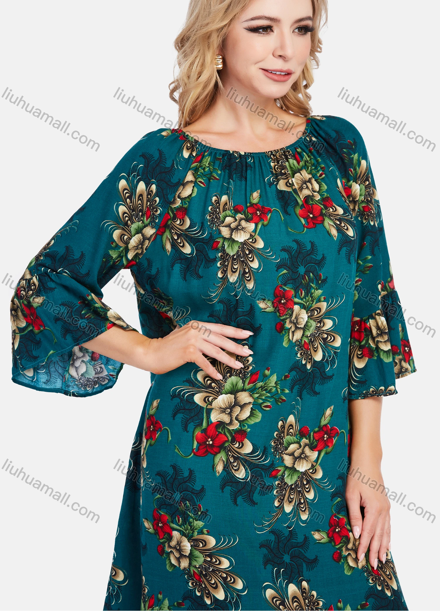 Wholesale Women's Elegant Frill Neck 3/4 Sleeve Floral Print Ruffle Hem Knee Length Dress With Belt - Liuhuamall