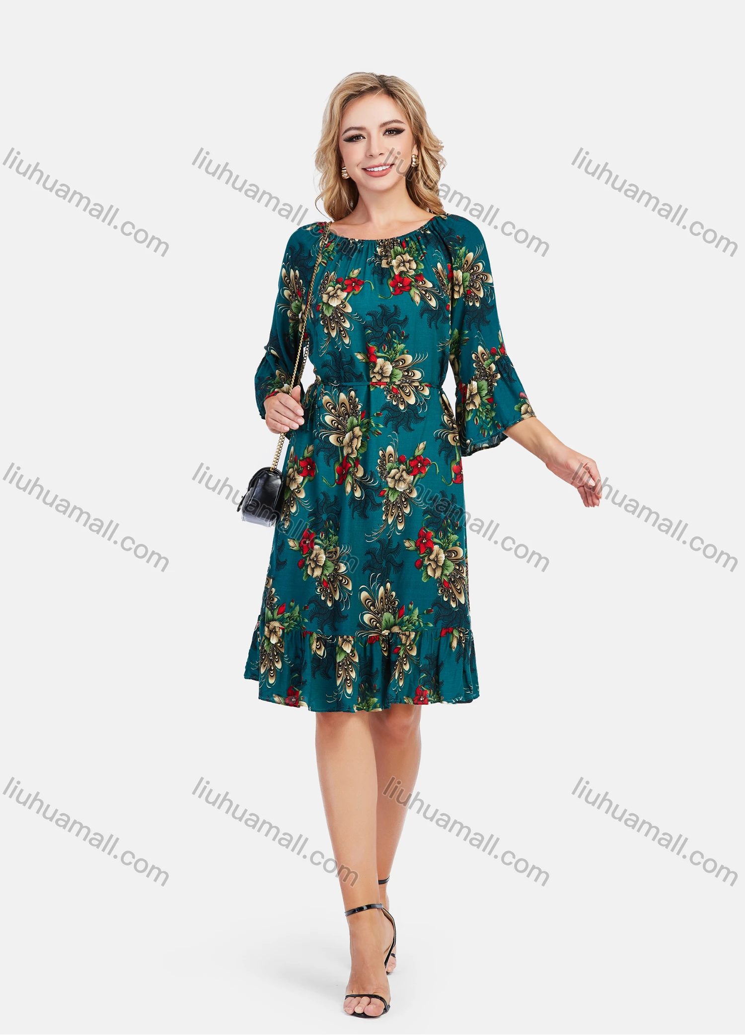 Wholesale Women's Elegant Frill Neck 3/4 Sleeve Floral Print Ruffle Hem Knee Length Dress With Belt - Liuhuamall