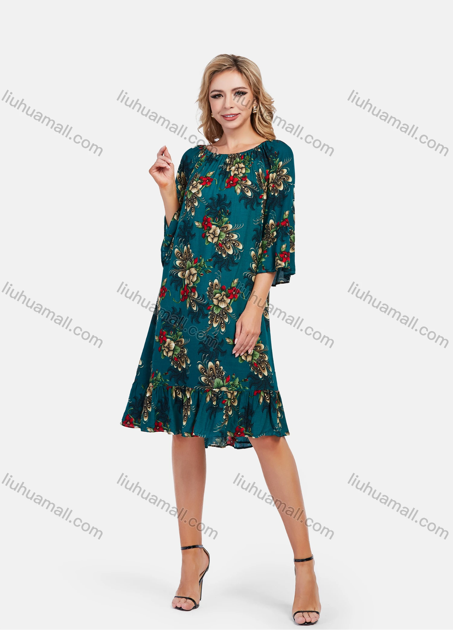 Wholesale Women's Elegant Frill Neck 3/4 Sleeve Floral Print Ruffle Hem Knee Length Dress With Belt - Liuhuamall