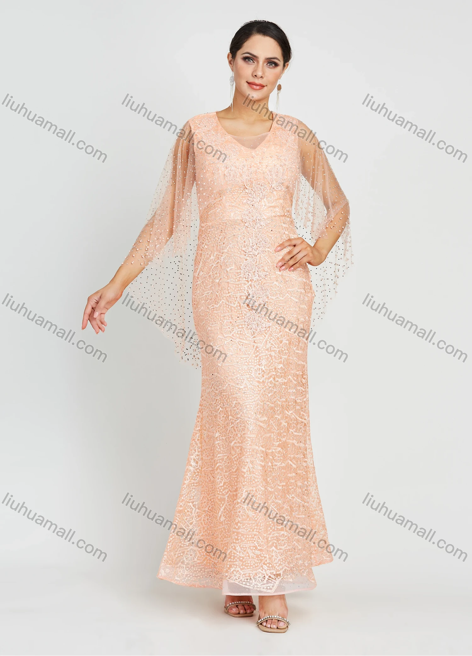 Wholesale Women's Glamorous Appliques V Neck Sleeveless Mesh Embroidery Rhinestone Maxi Mermaid Evening Dress - Liuhuamall