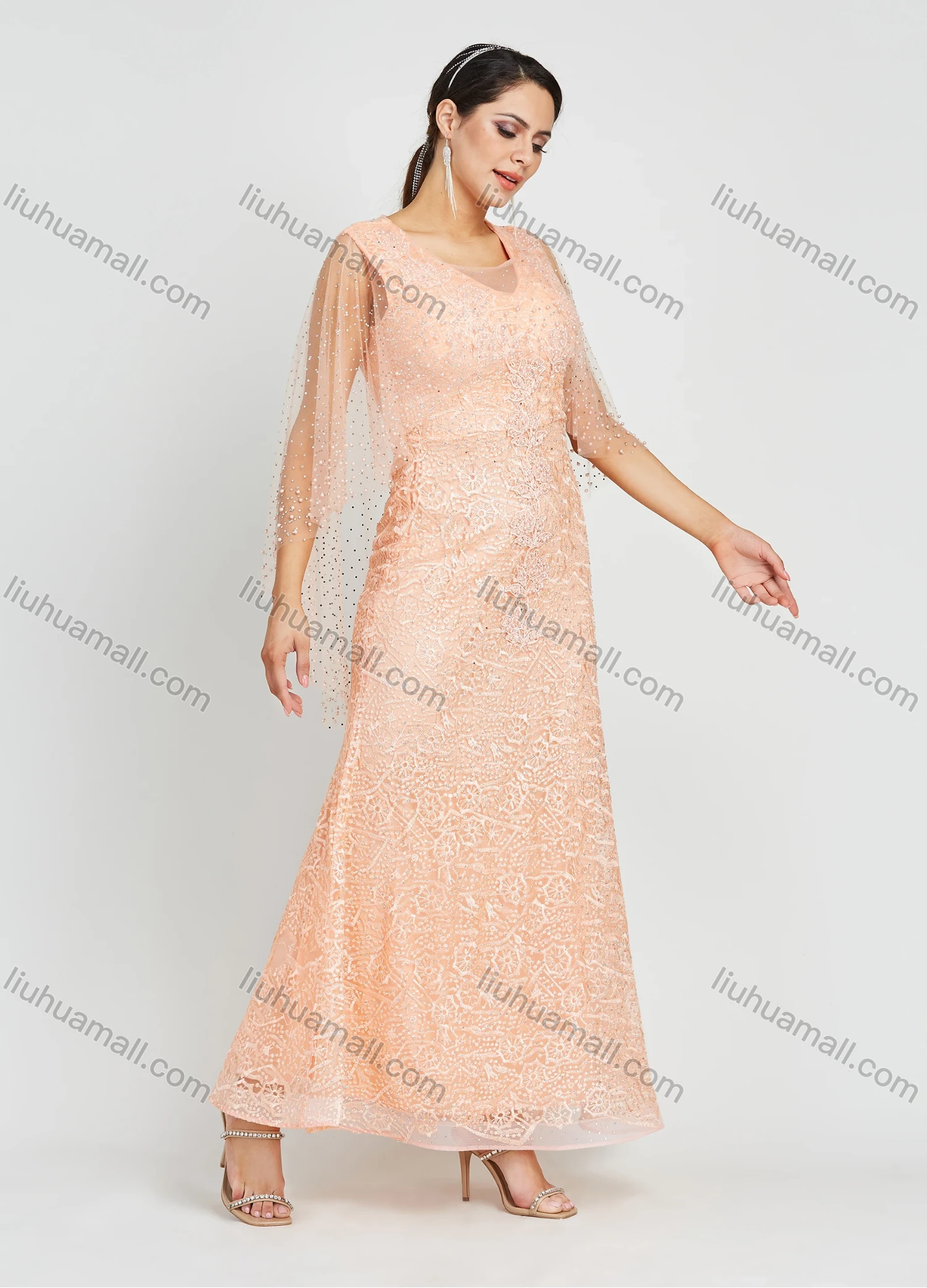 Wholesale Women's Glamorous Appliques V Neck Sleeveless Mesh Embroidery Rhinestone Maxi Mermaid Evening Dress - Liuhuamall