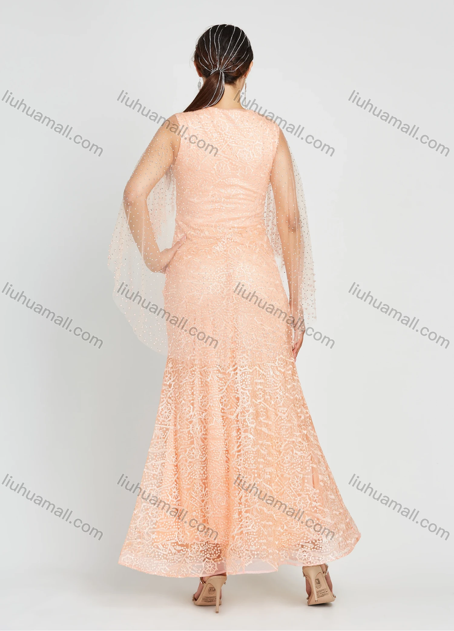 Wholesale Women's Glamorous Appliques V Neck Sleeveless Mesh Embroidery Rhinestone Maxi Mermaid Evening Dress - Liuhuamall