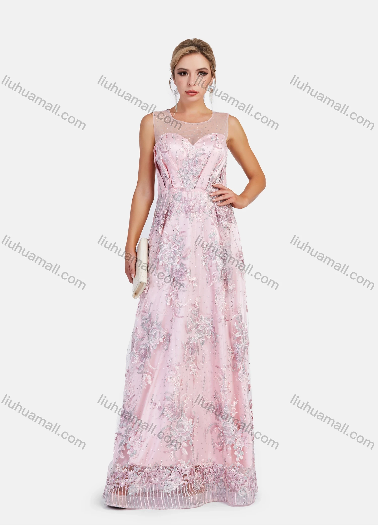 Wholesale Women's Elegant Sleeveless Lace Rhinestone Embroidery Appliques A-Line Floor Length Evening Dress - Liuhuamall