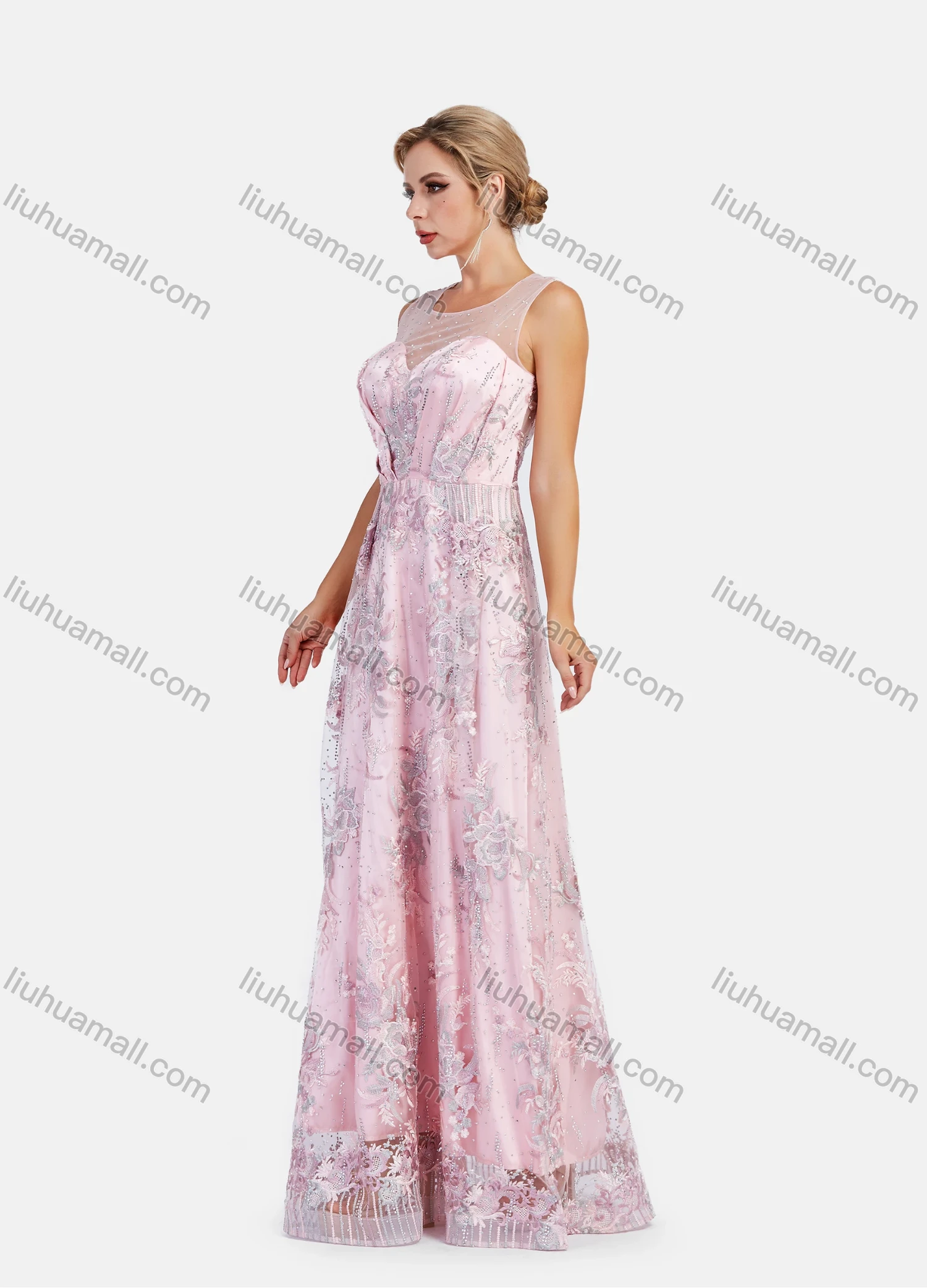 Wholesale Women's Elegant Sleeveless Lace Rhinestone Embroidery Appliques A-Line Floor Length Evening Dress - Liuhuamall