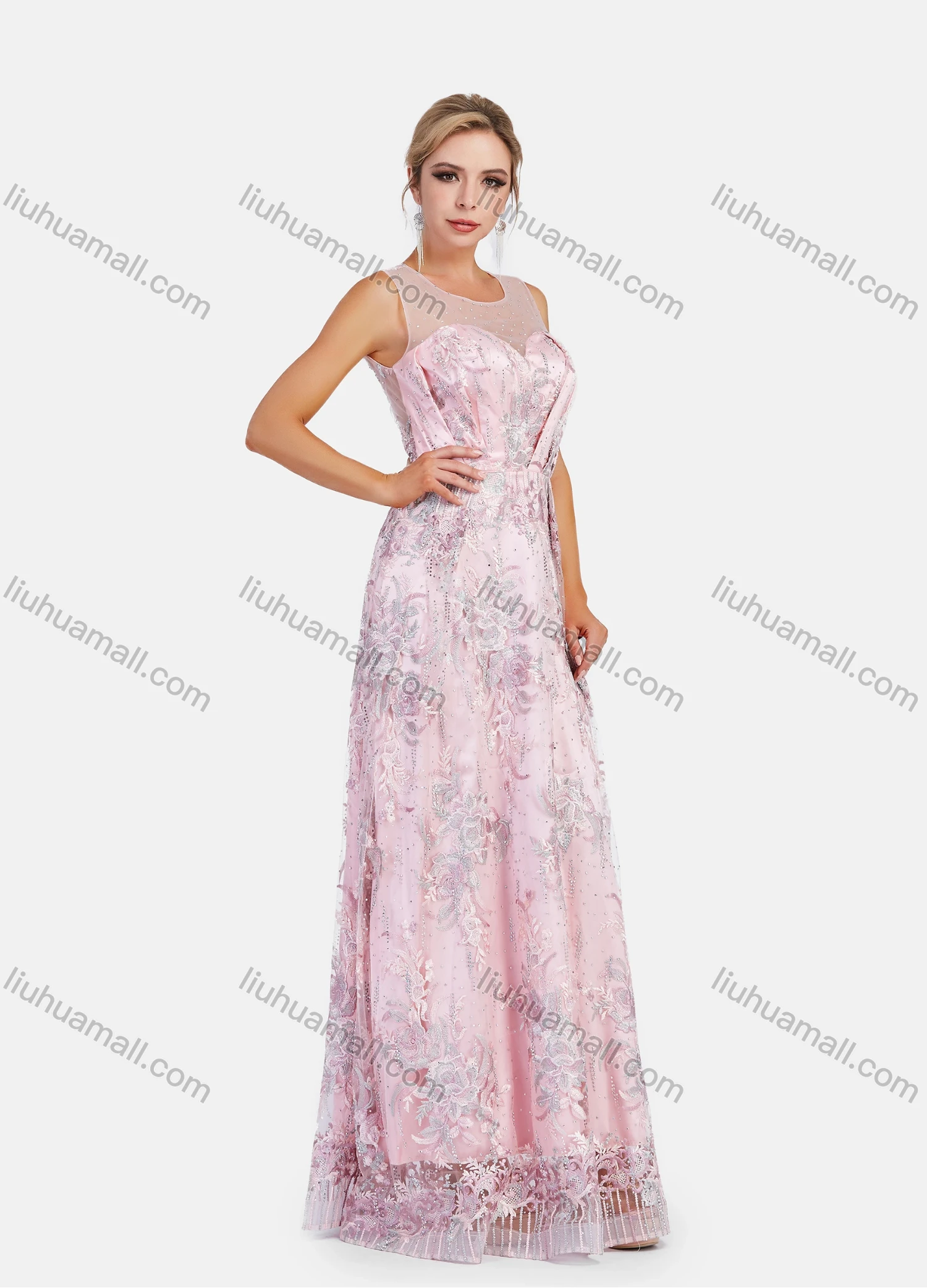 Wholesale Women's Elegant Sleeveless Lace Rhinestone Embroidery Appliques A-Line Floor Length Evening Dress - Liuhuamall