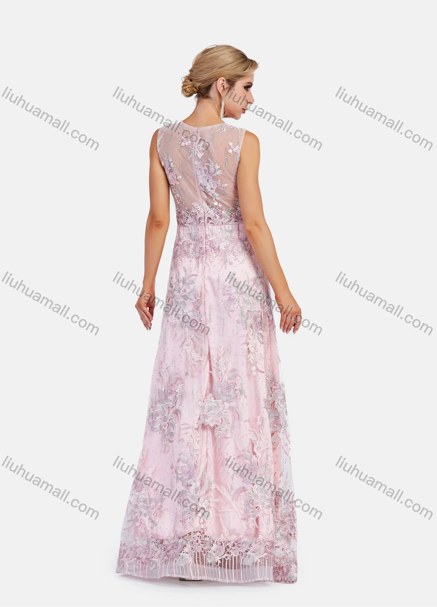 Wholesale Women's Elegant Sleeveless Lace Rhinestone Embroidery Appliques A-Line Floor Length Evening Dress - Liuhuamall
