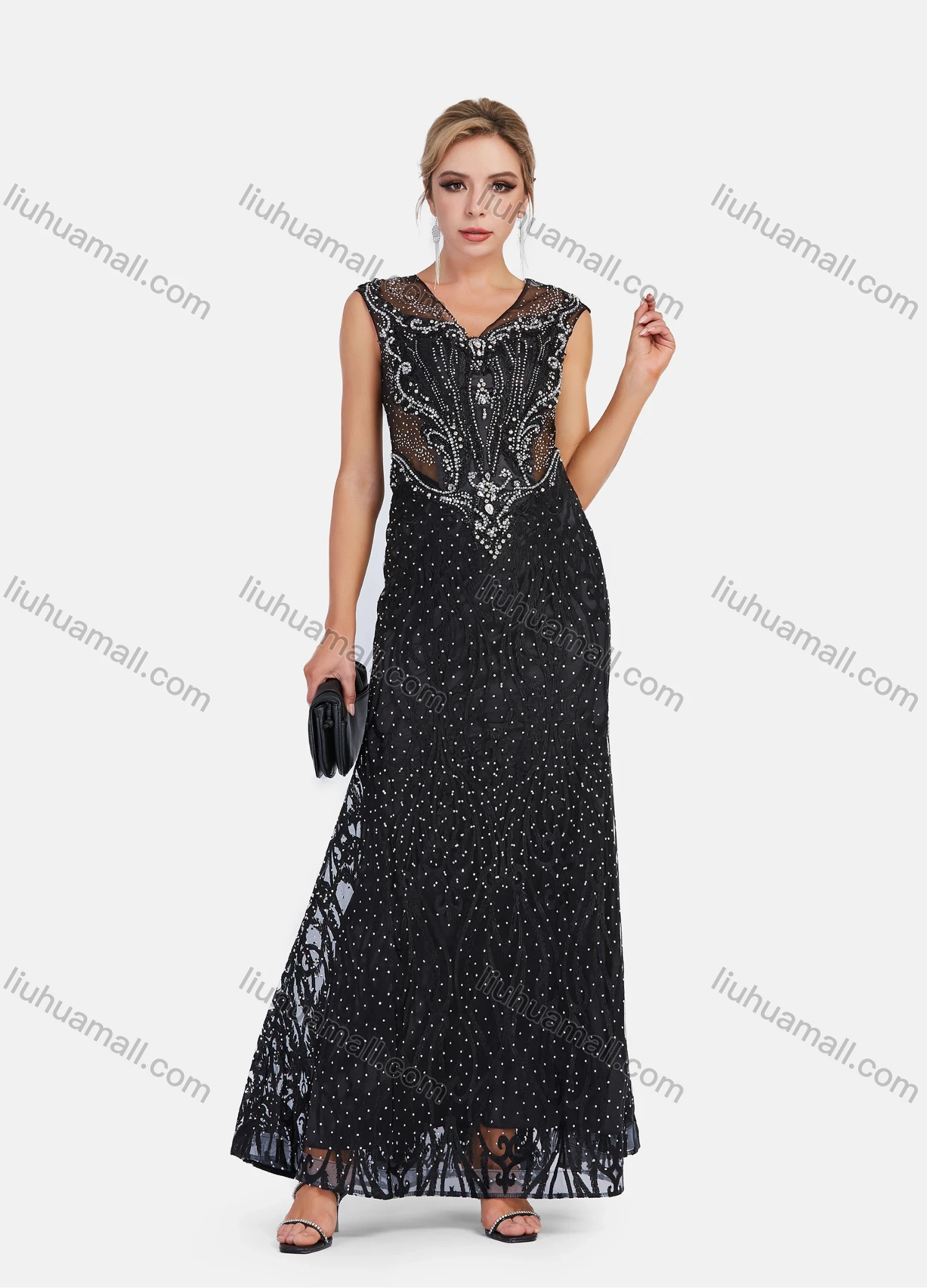 Wholesale Women's V Neck Sleeveless Lace Rhinestone Embroidery Maxi Evening Dress - Liuhuamall