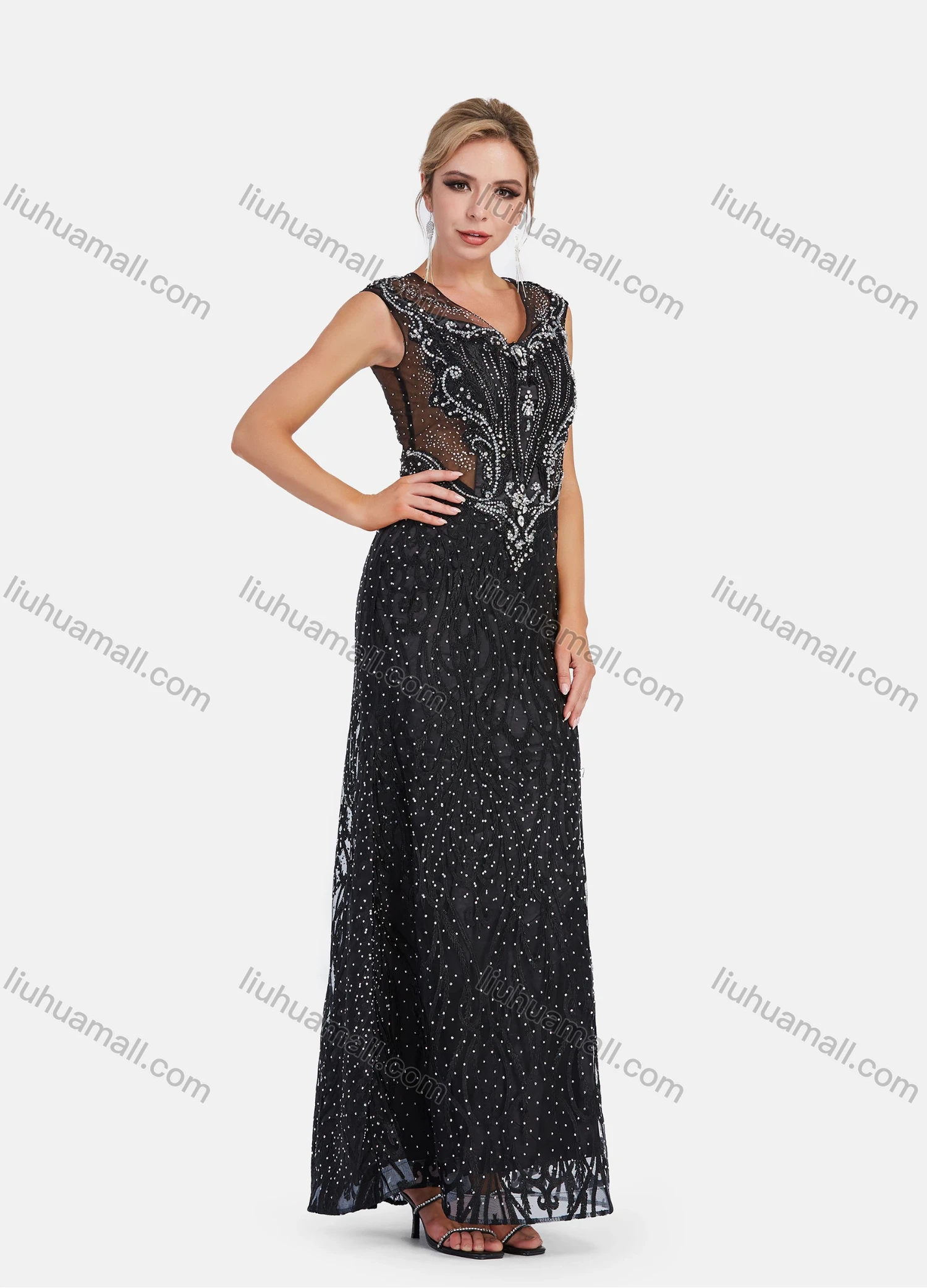 Wholesale Women's V Neck Sleeveless Lace Rhinestone Embroidery Maxi Evening Dress - Liuhuamall