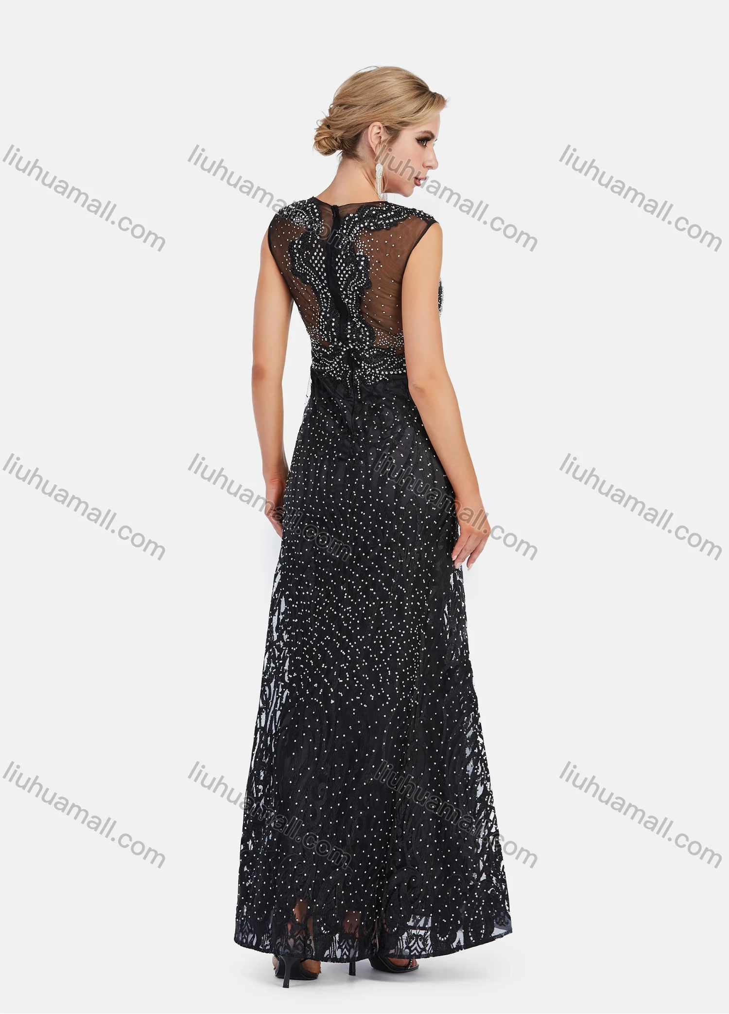 Wholesale Women's V Neck Sleeveless Lace Rhinestone Embroidery Maxi Evening Dress - Liuhuamall