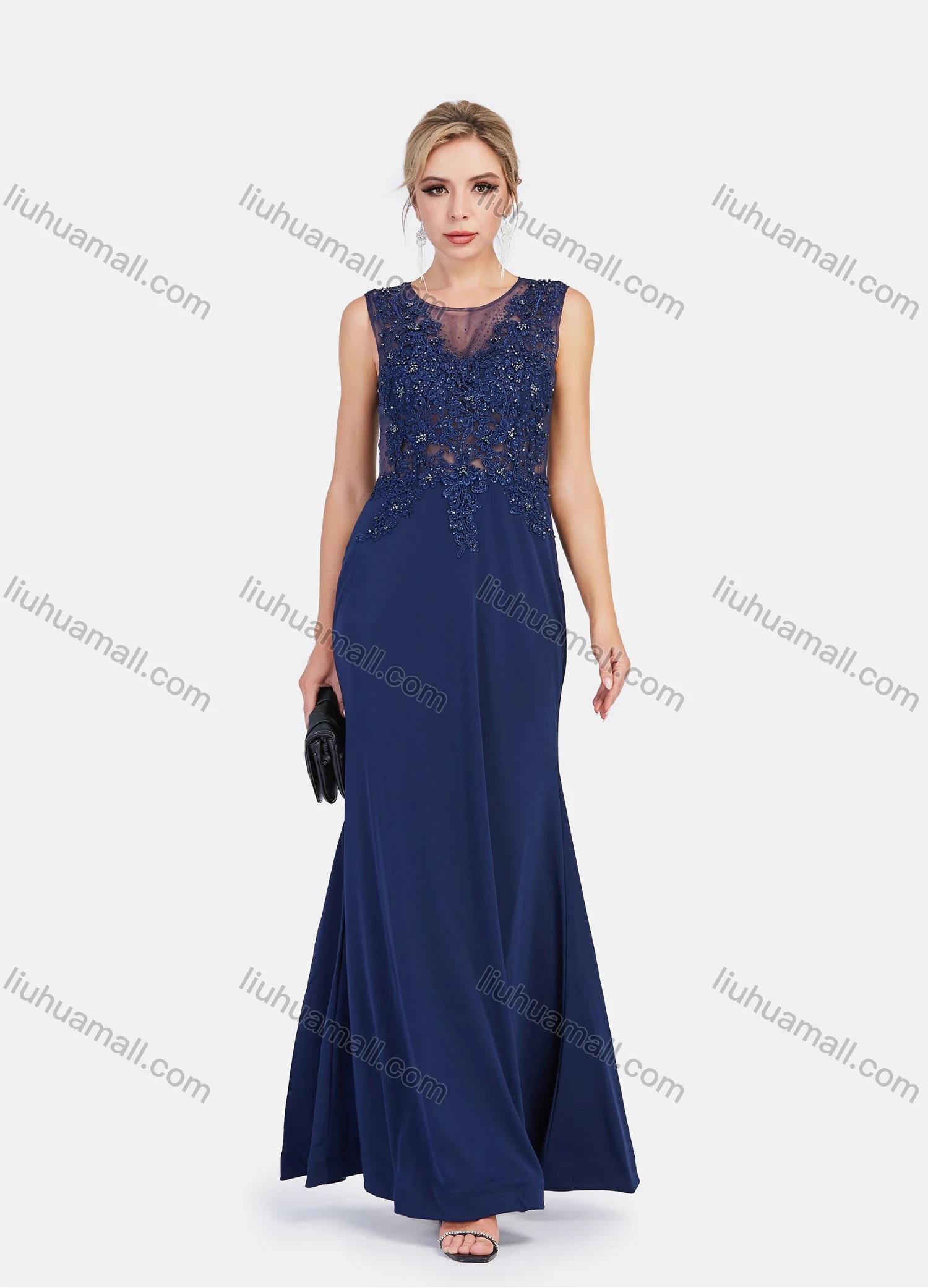 Wholesale Women's Lace Round Neck Sleeveless Lace Applique Embroidery Mermaid Maxi Evening Dress - Liuhuamall