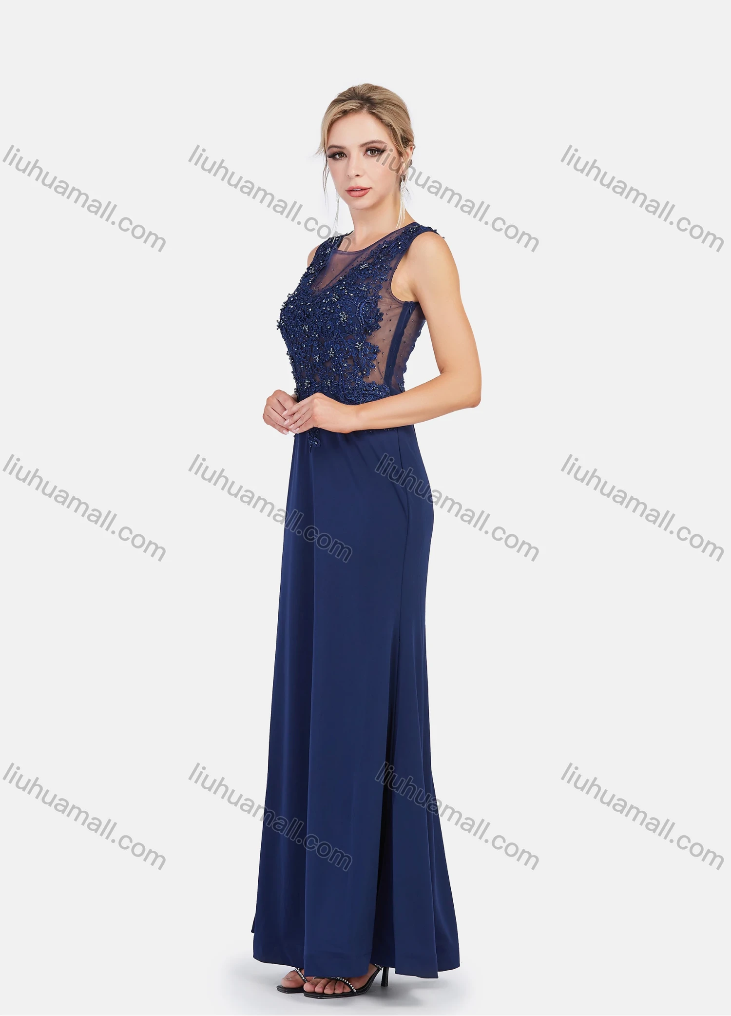 Wholesale Women's Lace Round Neck Sleeveless Lace Applique Embroidery Mermaid Maxi Evening Dress - Liuhuamall