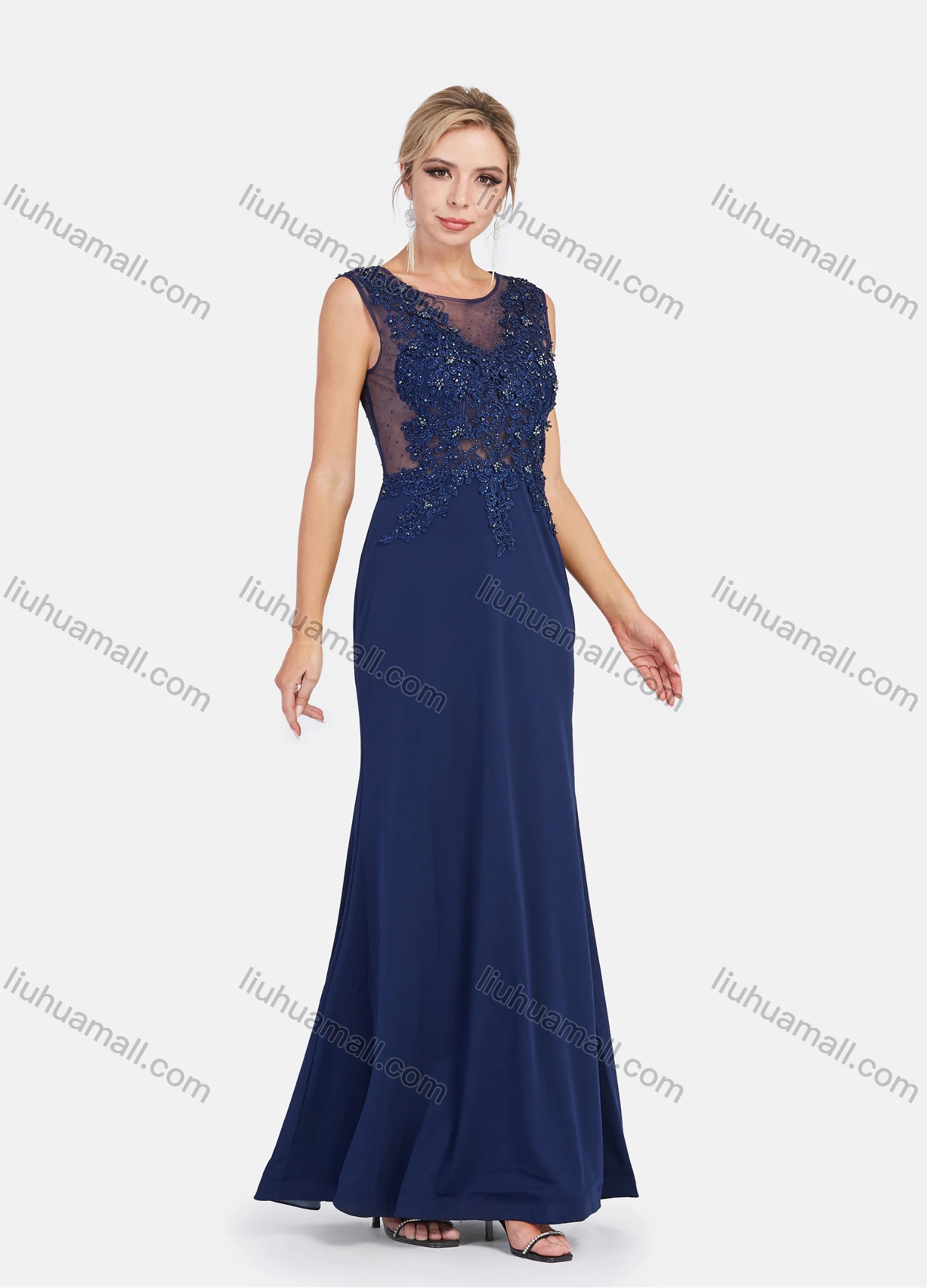 Wholesale Women's Lace Round Neck Sleeveless Lace Applique Embroidery Mermaid Maxi Evening Dress - Liuhuamall