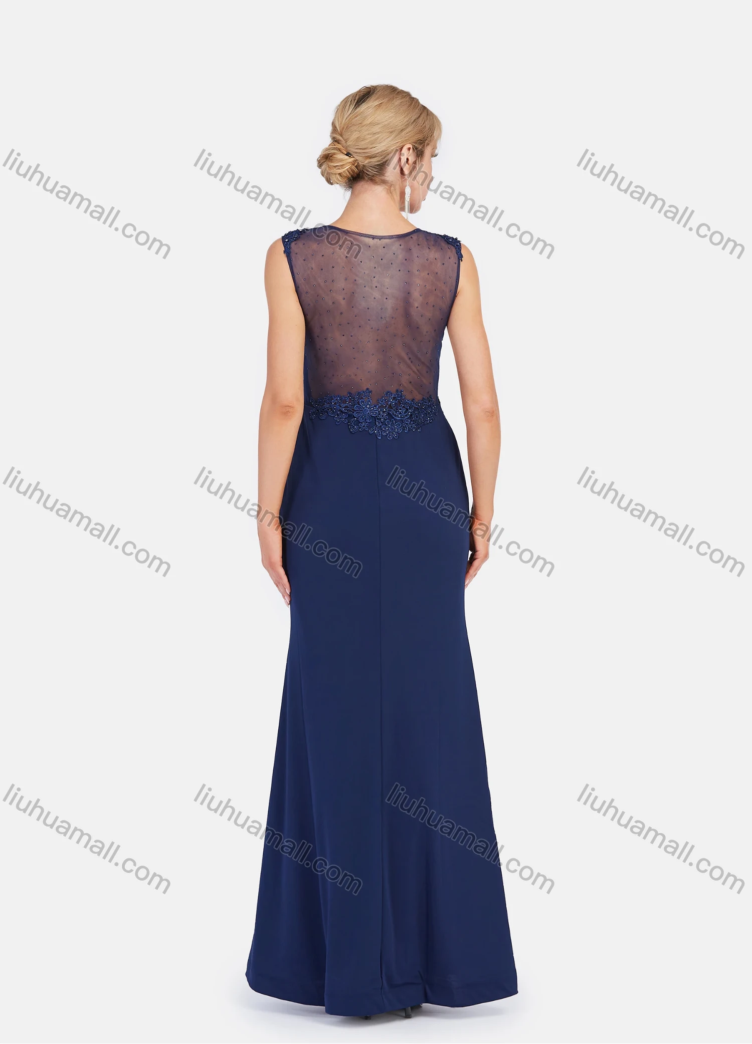 Wholesale Women's Lace Round Neck Sleeveless Lace Applique Embroidery Mermaid Maxi Evening Dress - Liuhuamall