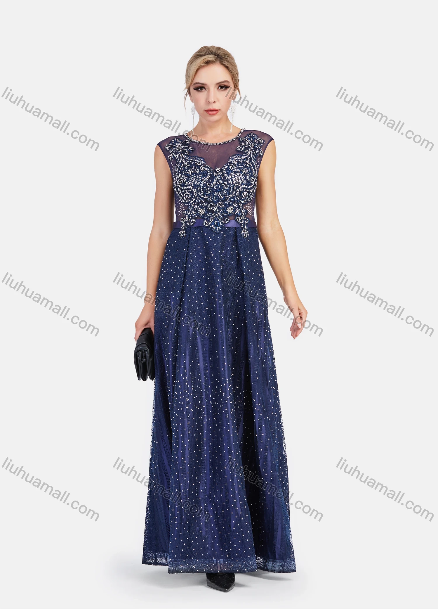 Wholesale Women's Lace Neck Sleeveless Sheer Lace Rhinestone Embroidery Maxi Evening Dress - Liuhuamall