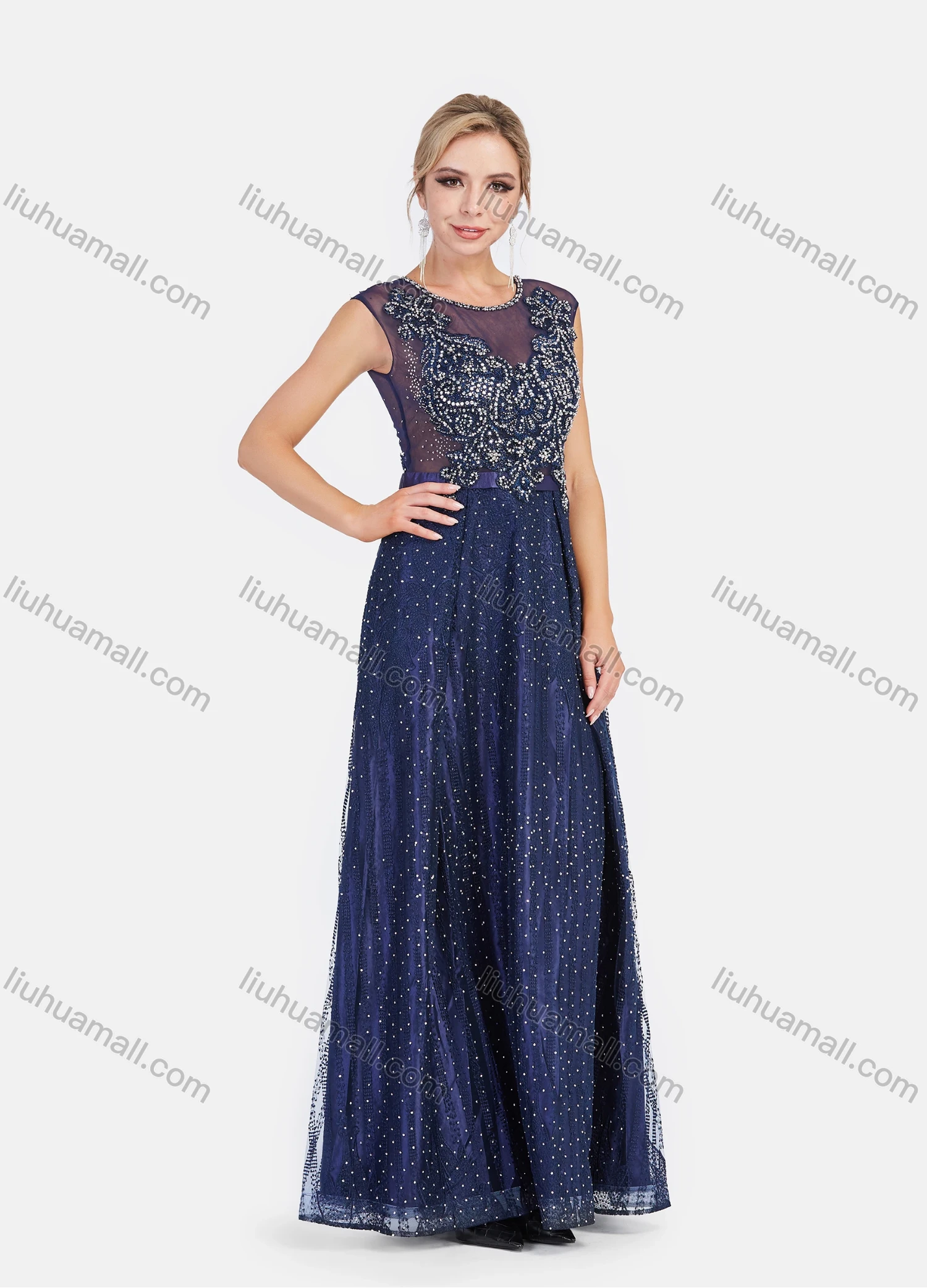 Wholesale Women's Lace Neck Sleeveless Sheer Lace Rhinestone Embroidery Maxi Evening Dress - Liuhuamall
