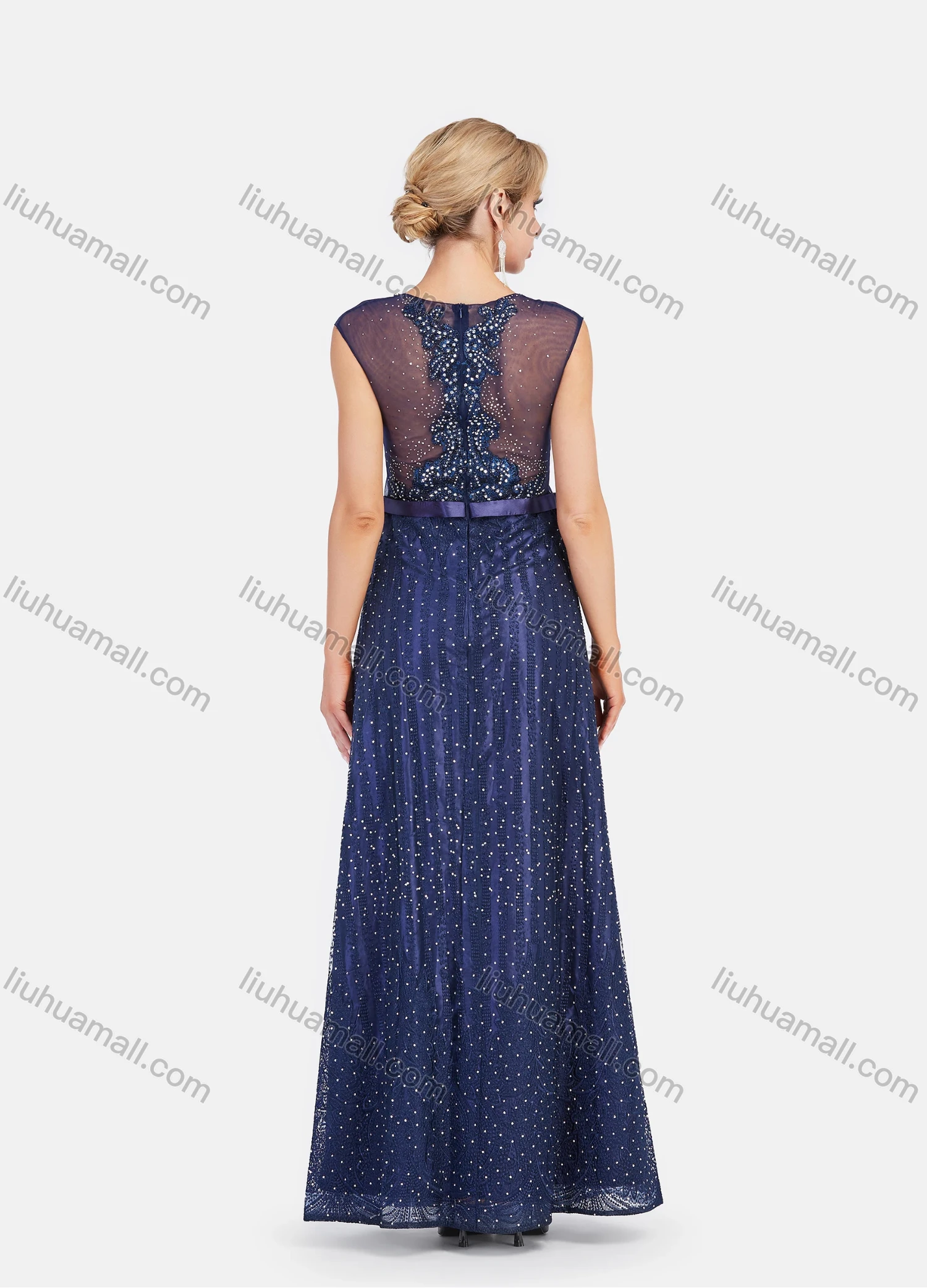 Wholesale Women's Lace Neck Sleeveless Sheer Lace Rhinestone Embroidery Maxi Evening Dress - Liuhuamall