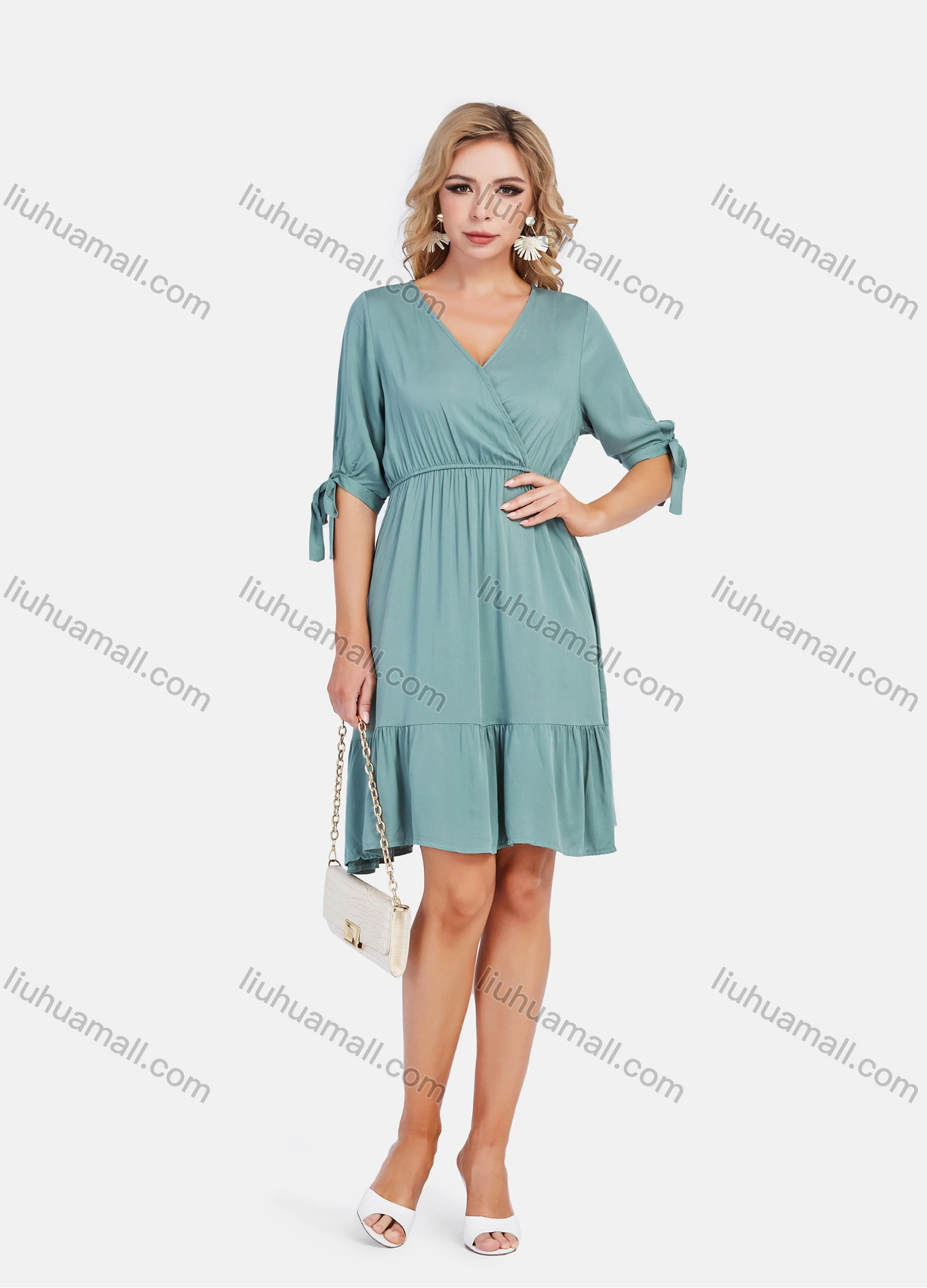 Wholesale Women's Elegant Wrap V Neck A-Line Ruffle Hem Empire Waist Plain Short Dress - Liuhuamall