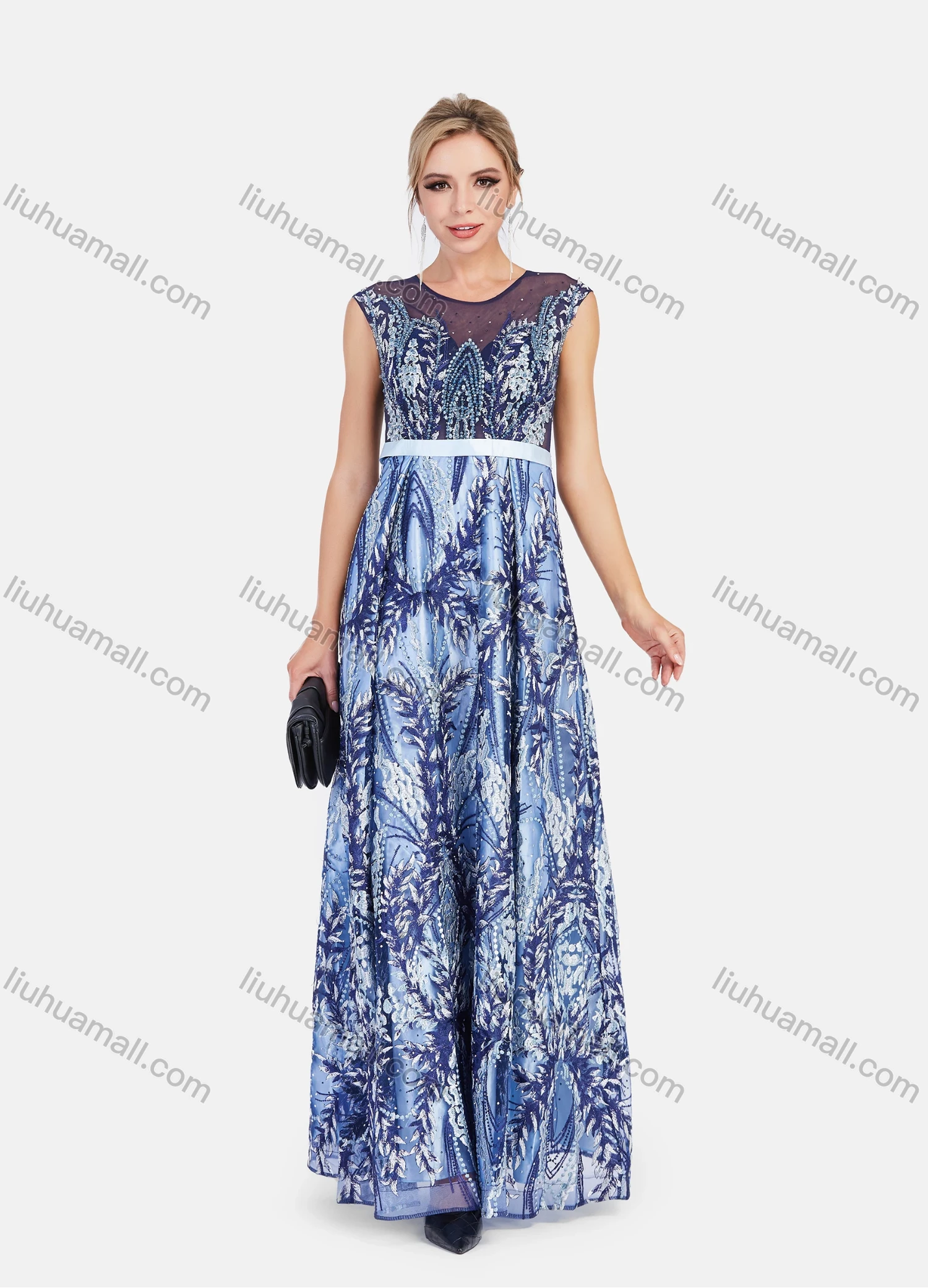 Wholesale Women's Sheer Lace Neck Rhinestone Floral Embroidery Satin Hem Maxi Evening Dress - Liuhuamall