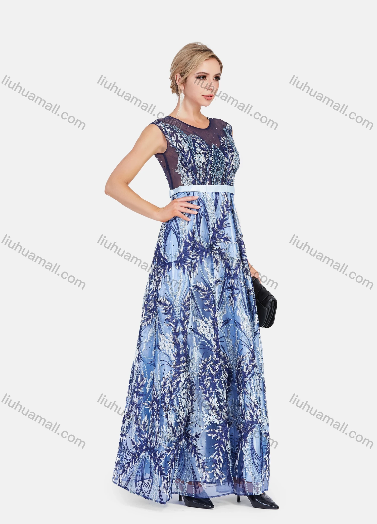 Wholesale Women's Sheer Lace Neck Rhinestone Floral Embroidery Satin Hem Maxi Evening Dress - Liuhuamall