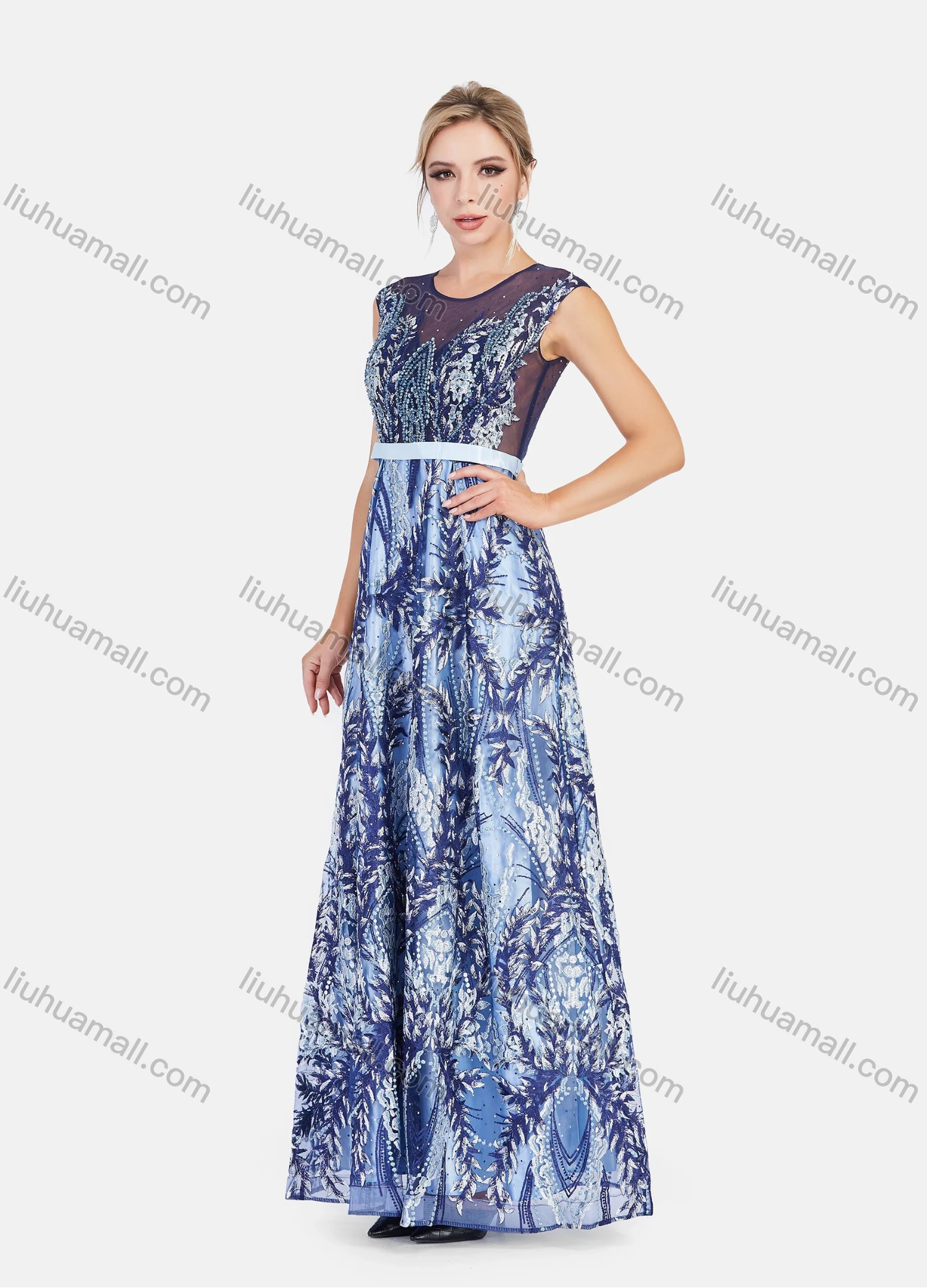 Wholesale Women's Sheer Lace Neck Rhinestone Floral Embroidery Satin Hem Maxi Evening Dress - Liuhuamall
