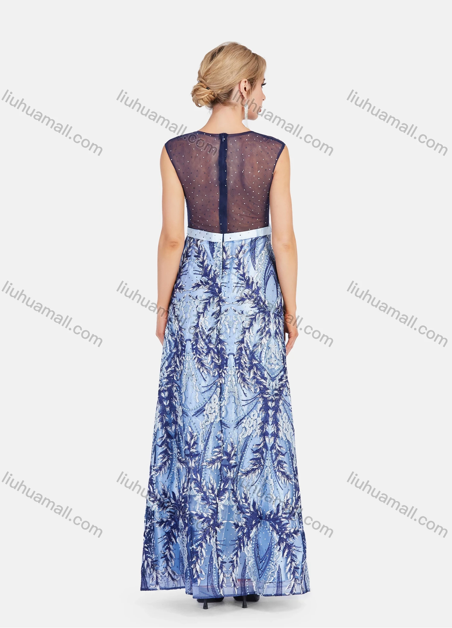 Wholesale Women's Sheer Lace Neck Rhinestone Floral Embroidery Satin Hem Maxi Evening Dress - Liuhuamall