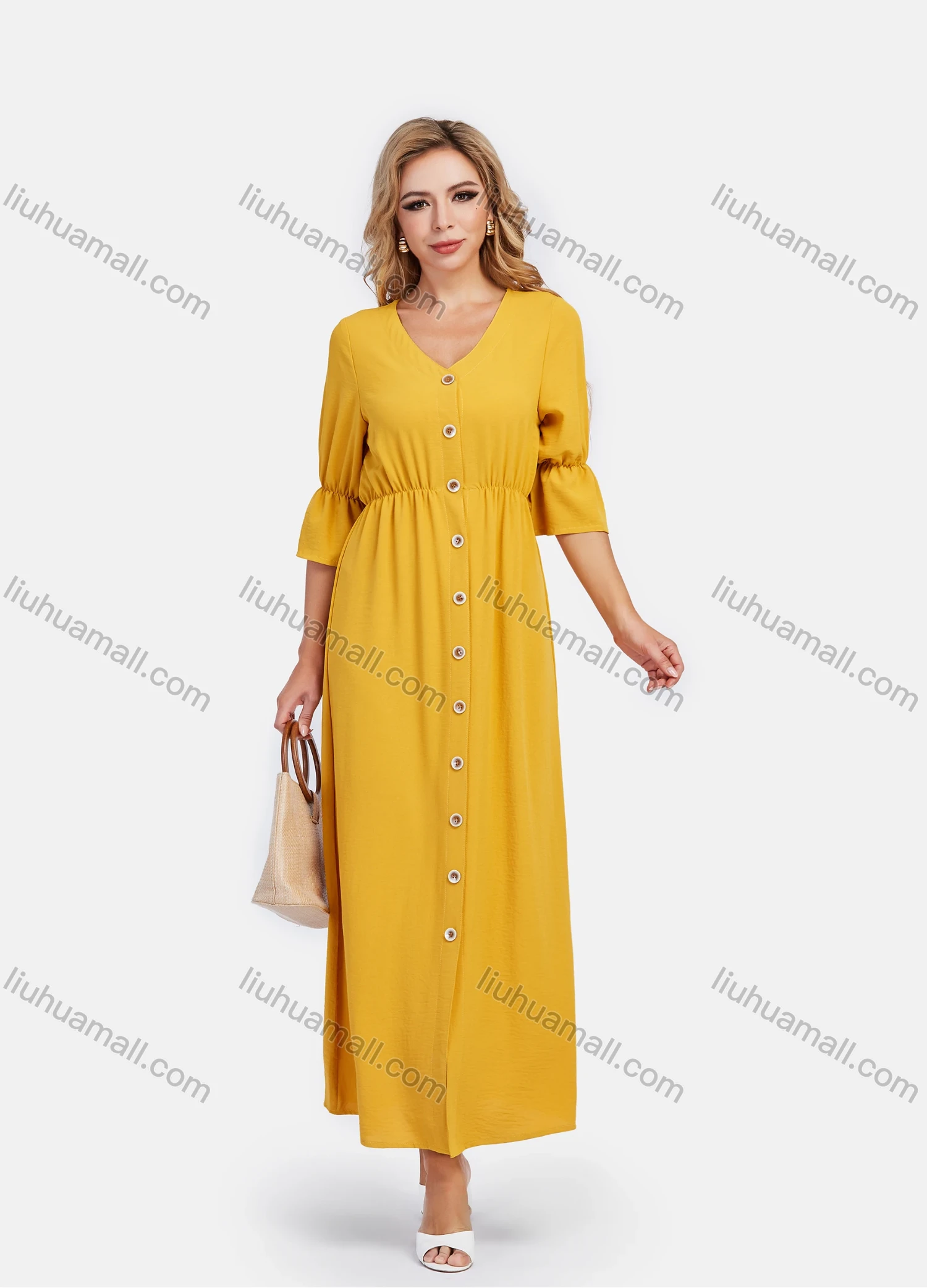 Wholesale Women's V Neck A-Line High Waist Button Front Poet Sleeve Maxi Dress - Liuhuamall
