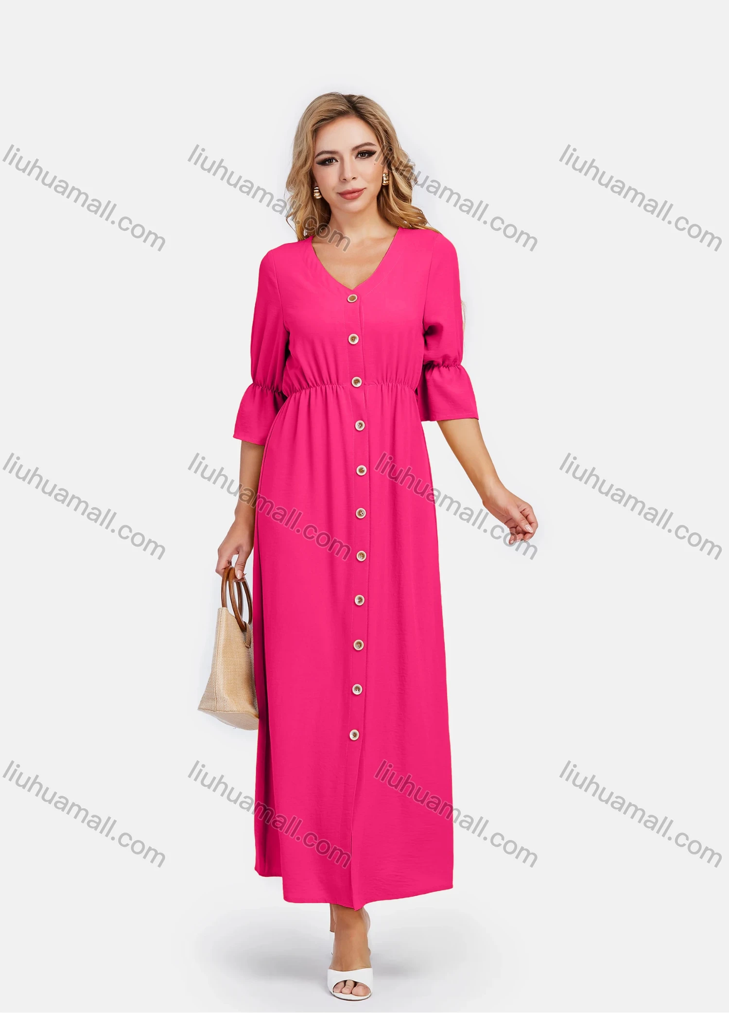 Wholesale Women's V Neck A-Line High Waist Button Front Poet Sleeve Maxi Dress - Liuhuamall