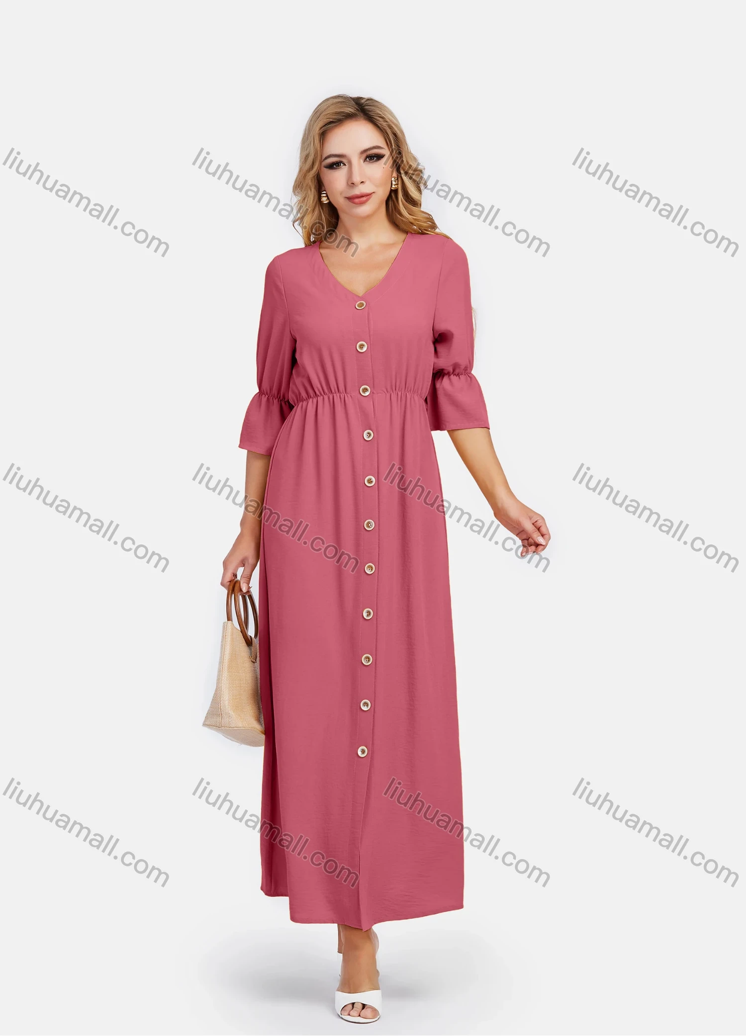 Wholesale Women's V Neck A-Line High Waist Button Front Poet Sleeve Maxi Dress - Liuhuamall
