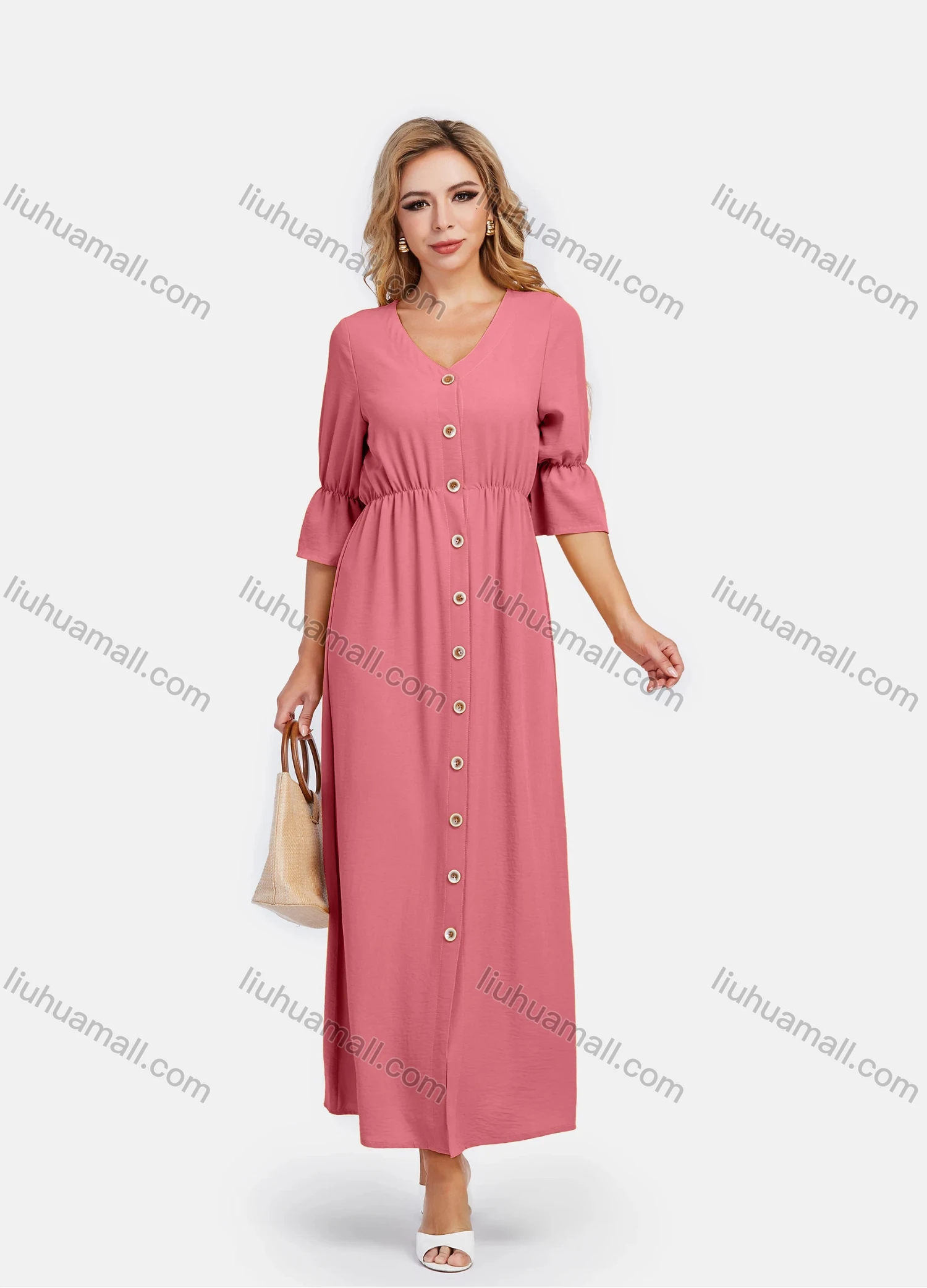 Wholesale Women's V Neck A-Line High Waist Button Front Poet Sleeve Maxi Dress - Liuhuamall