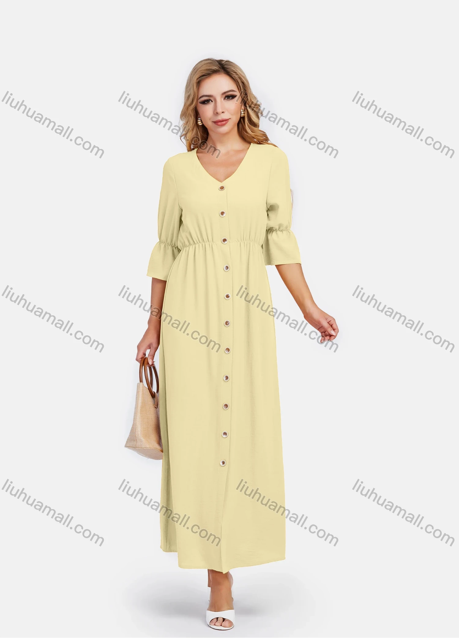 Wholesale Women's V Neck A-Line High Waist Button Front Poet Sleeve Maxi Dress - Liuhuamall