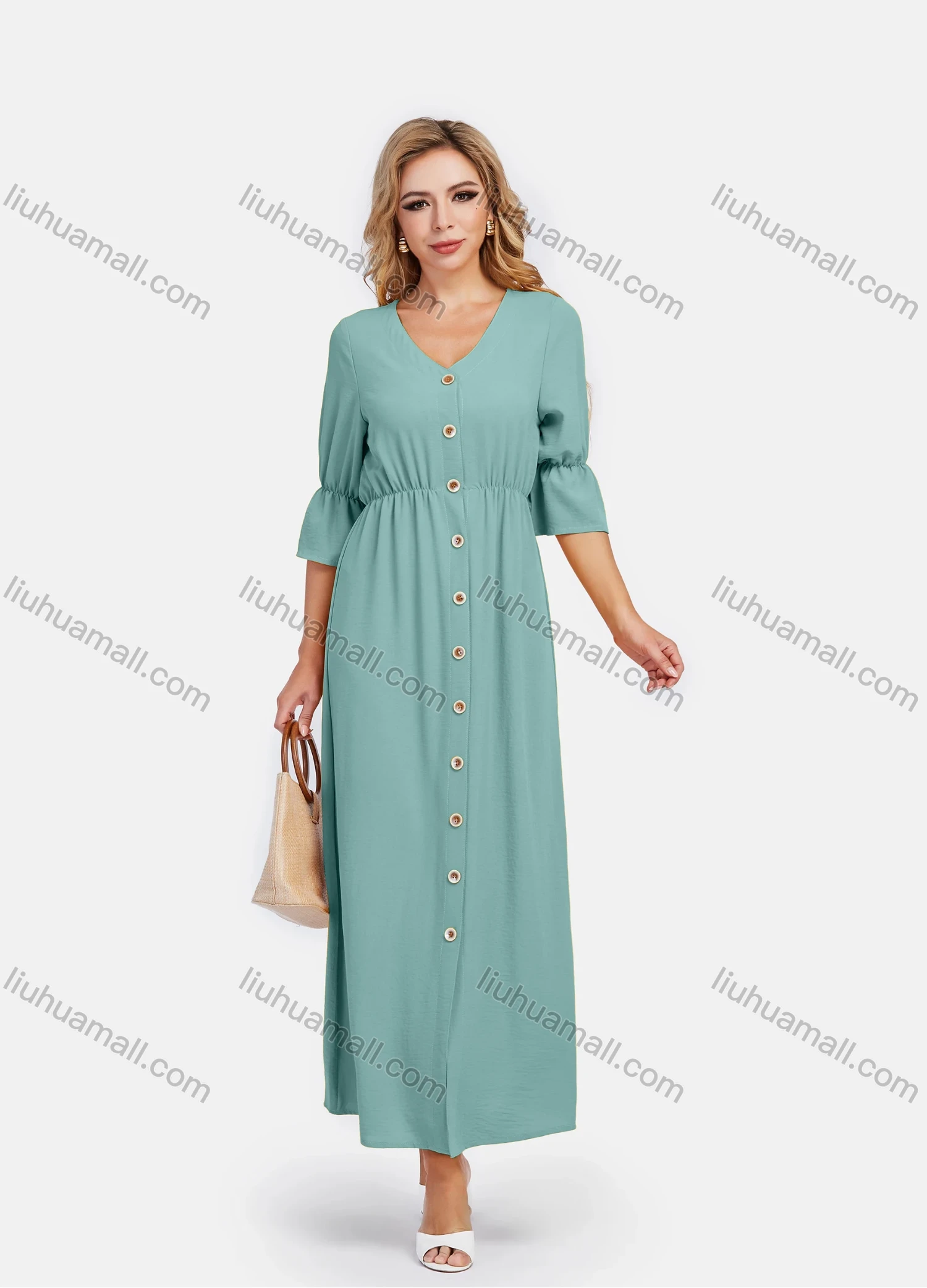 Wholesale Women's V Neck A-Line High Waist Button Front Poet Sleeve Maxi Dress - Liuhuamall