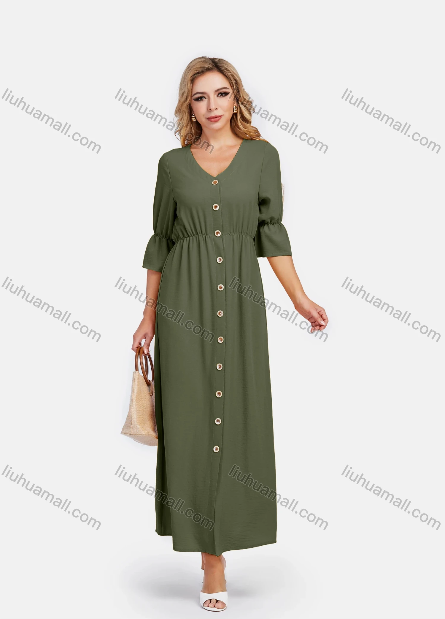 Wholesale Women's V Neck A-Line High Waist Button Front Poet Sleeve Maxi Dress - Liuhuamall