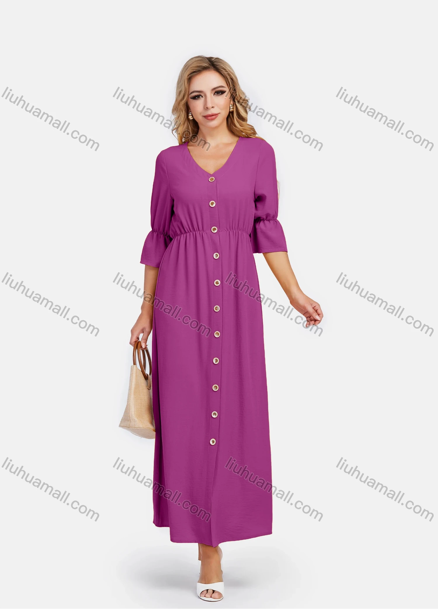 Wholesale Women's V Neck A-Line High Waist Button Front Poet Sleeve Maxi Dress - Liuhuamall