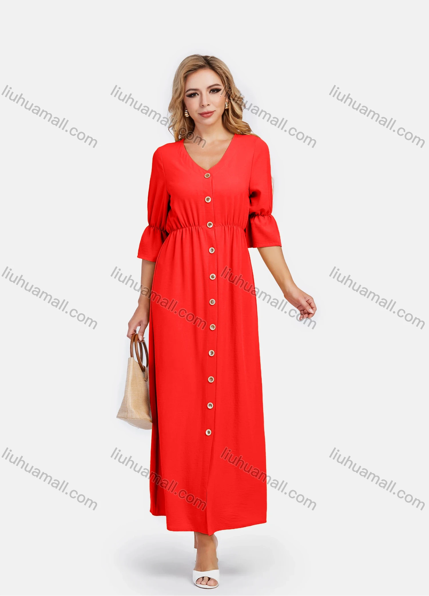Wholesale Women's V Neck A-Line High Waist Button Front Poet Sleeve Maxi Dress - Liuhuamall
