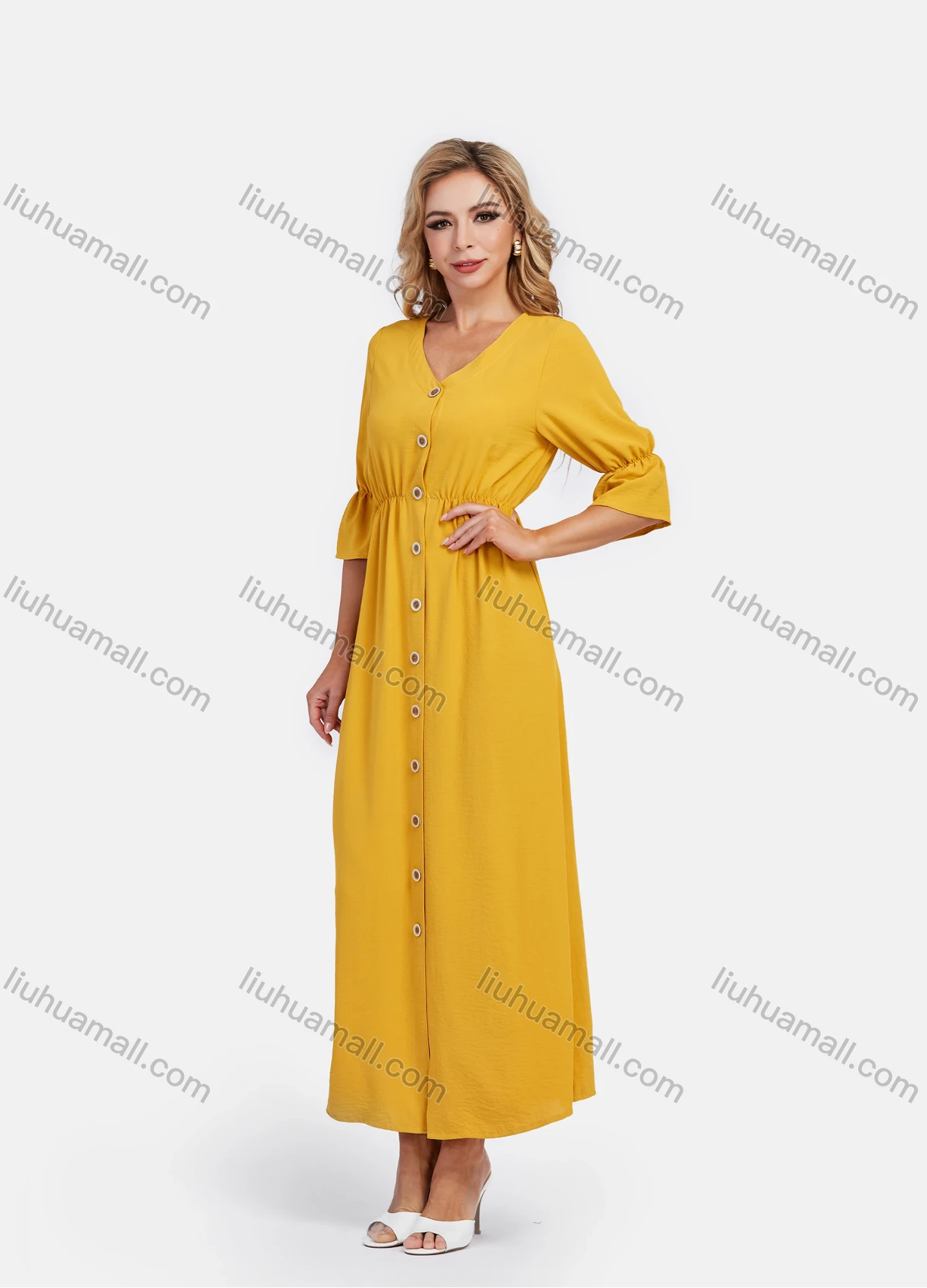 Wholesale Women's V Neck A-Line High Waist Button Front Poet Sleeve Maxi Dress - Liuhuamall
