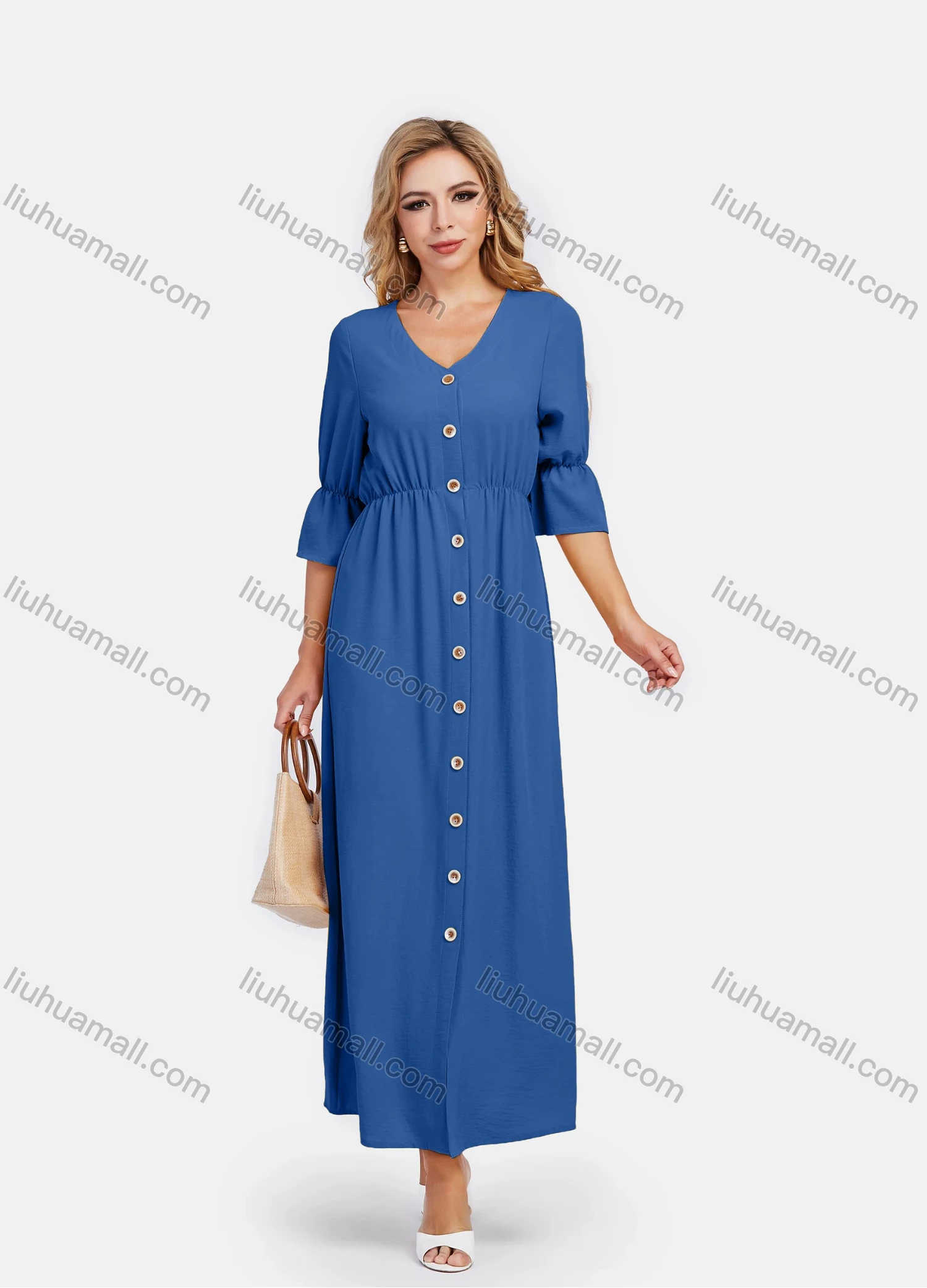 Wholesale Women's V Neck A-Line High Waist Button Front Poet Sleeve Maxi Dress - Liuhuamall