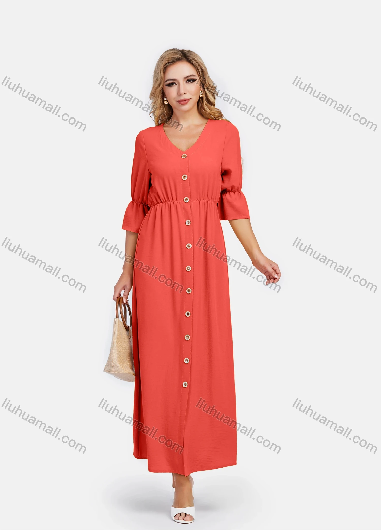 Wholesale Women's V Neck A-Line High Waist Button Front Poet Sleeve Maxi Dress - Liuhuamall