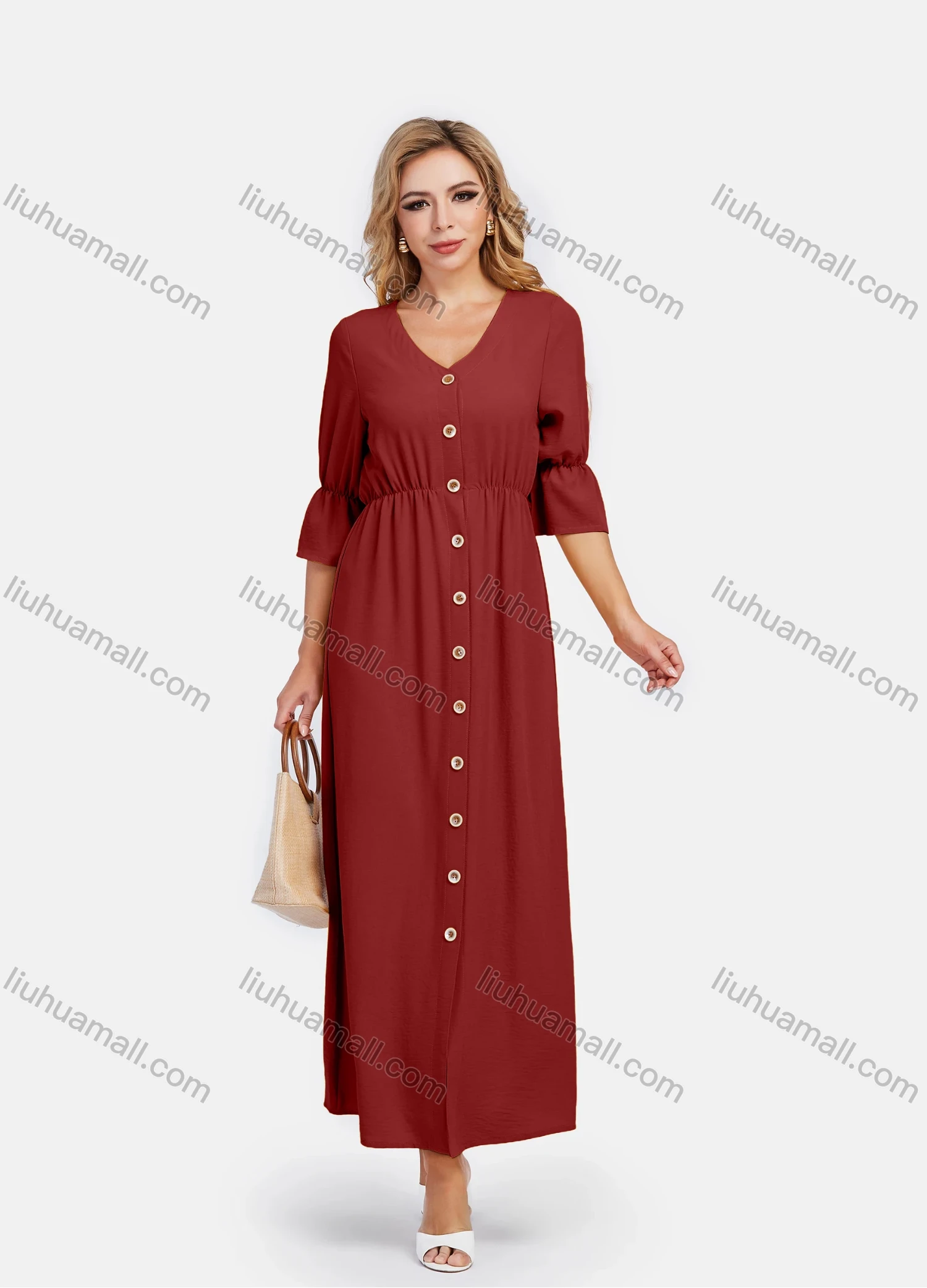 Wholesale Women's V Neck A-Line High Waist Button Front Poet Sleeve Maxi Dress - Liuhuamall