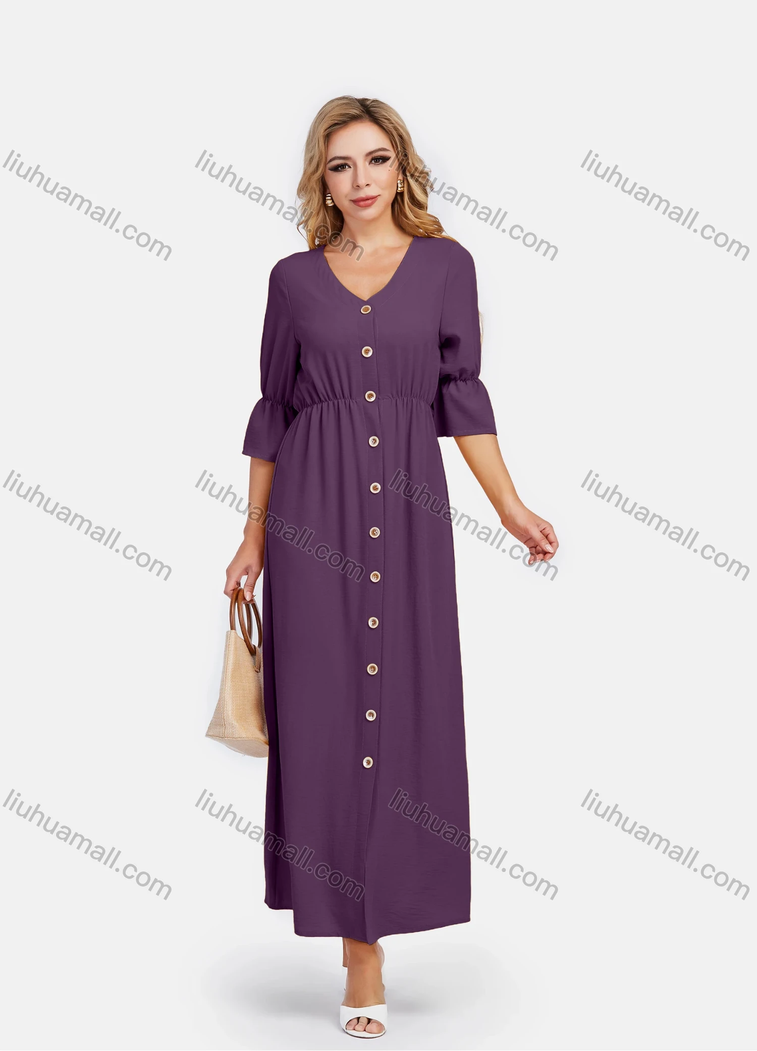 Wholesale Women's V Neck A-Line High Waist Button Front Poet Sleeve Maxi Dress - Liuhuamall